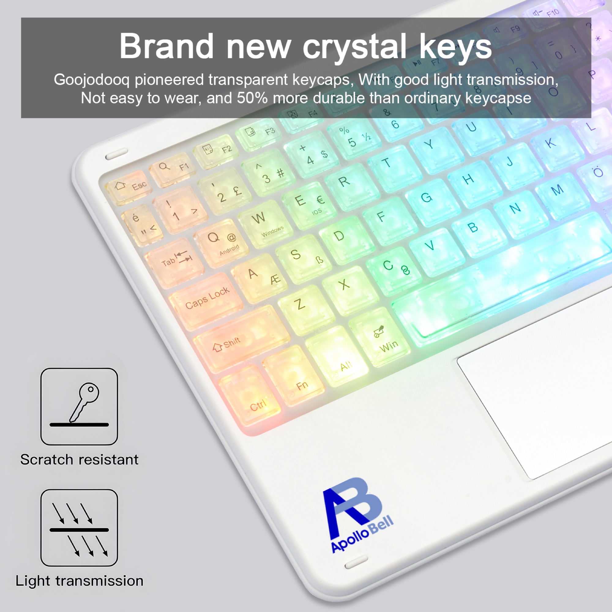 RGB Aydınlatmalı Bluetooth 5.1 Klavye ve Fare Seti, Dokunmatik Yüzeyli Şeffaf Tuşlar, Beyaz - 4