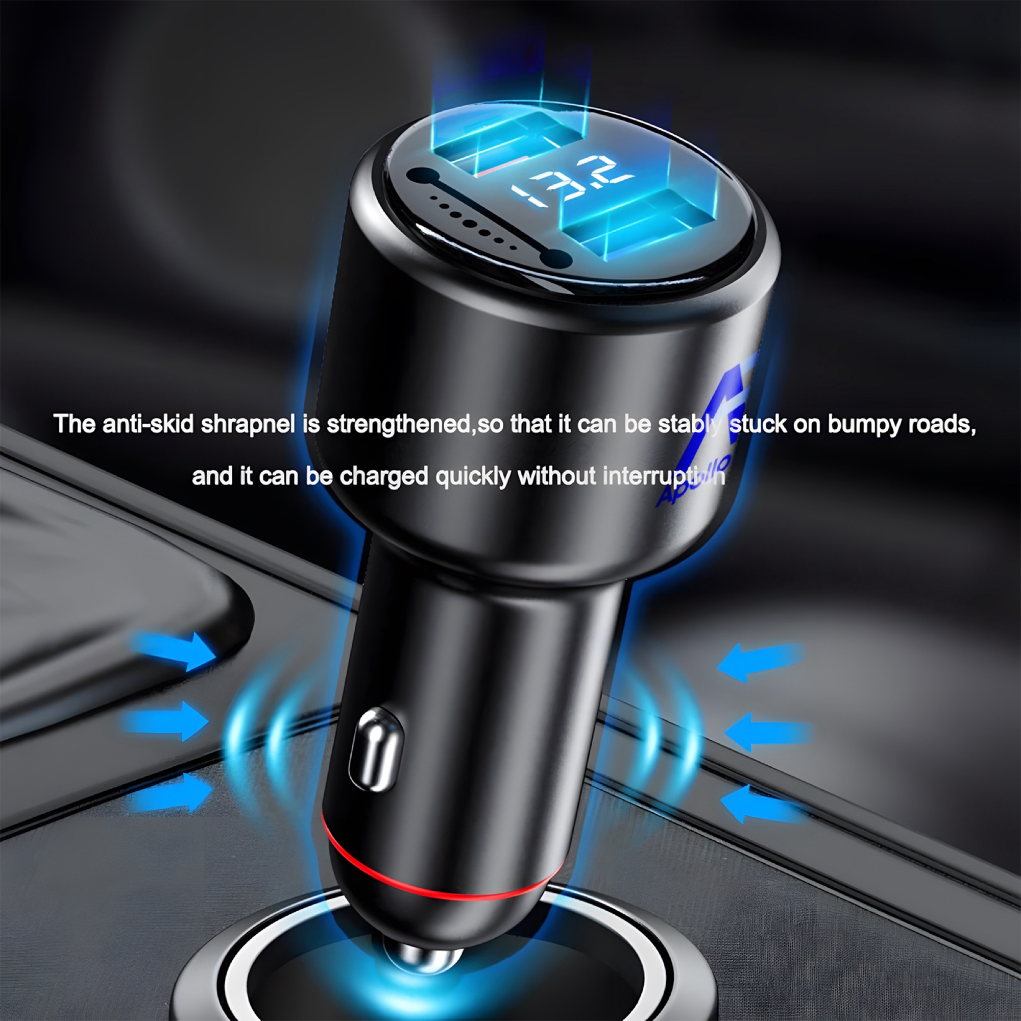 200W Çift USB Araç Şarj Cihazı, Dijital Ekran + 3'ü 1 Arada Kablo (Lightning + Micro + USB-C), Siyah - 2