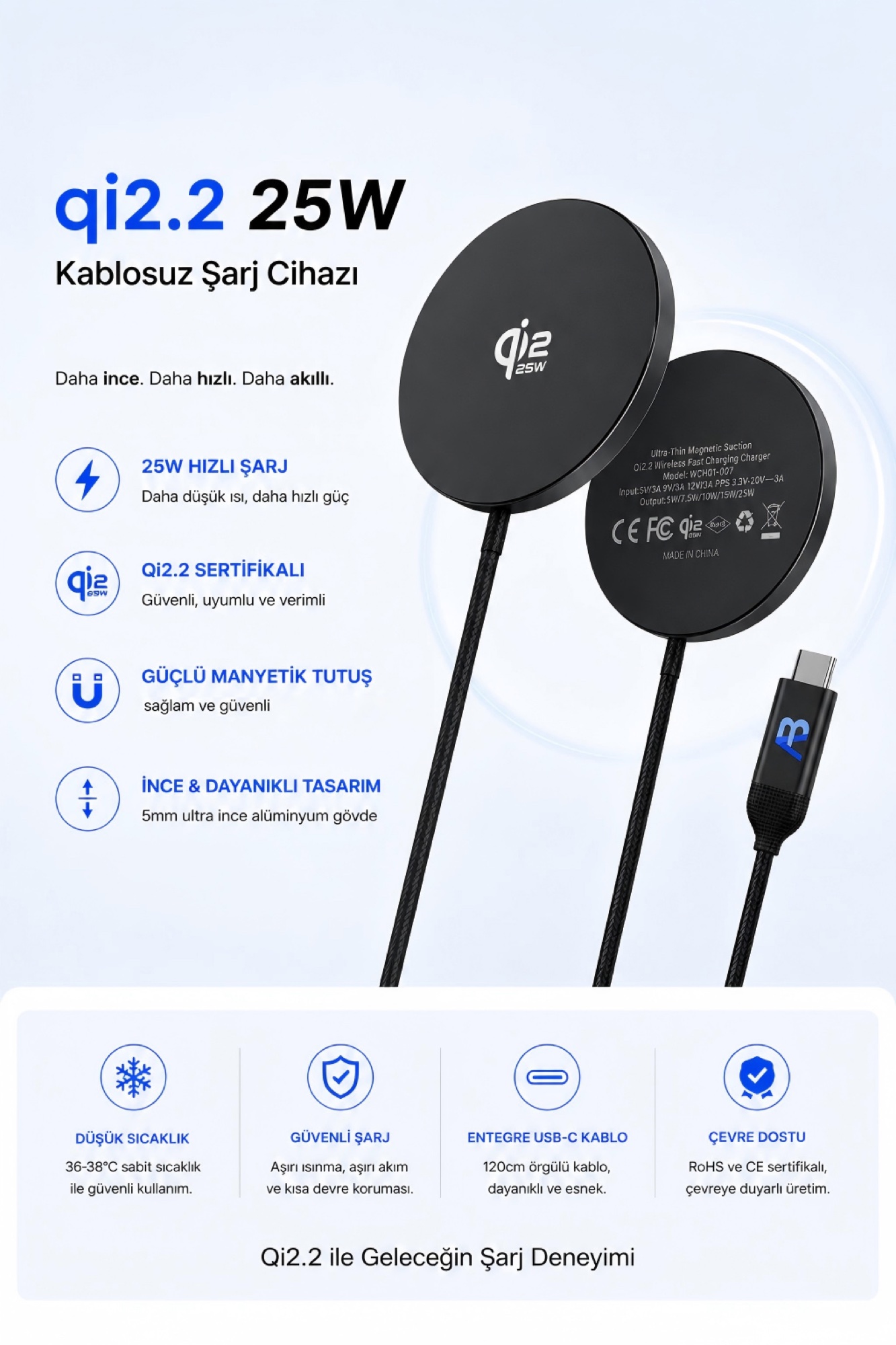 Qi2.2 25W Manyetik Kablosuz Şarj Cihazı, 120cm Entegre USB-C Kablolu, Siyah - 4