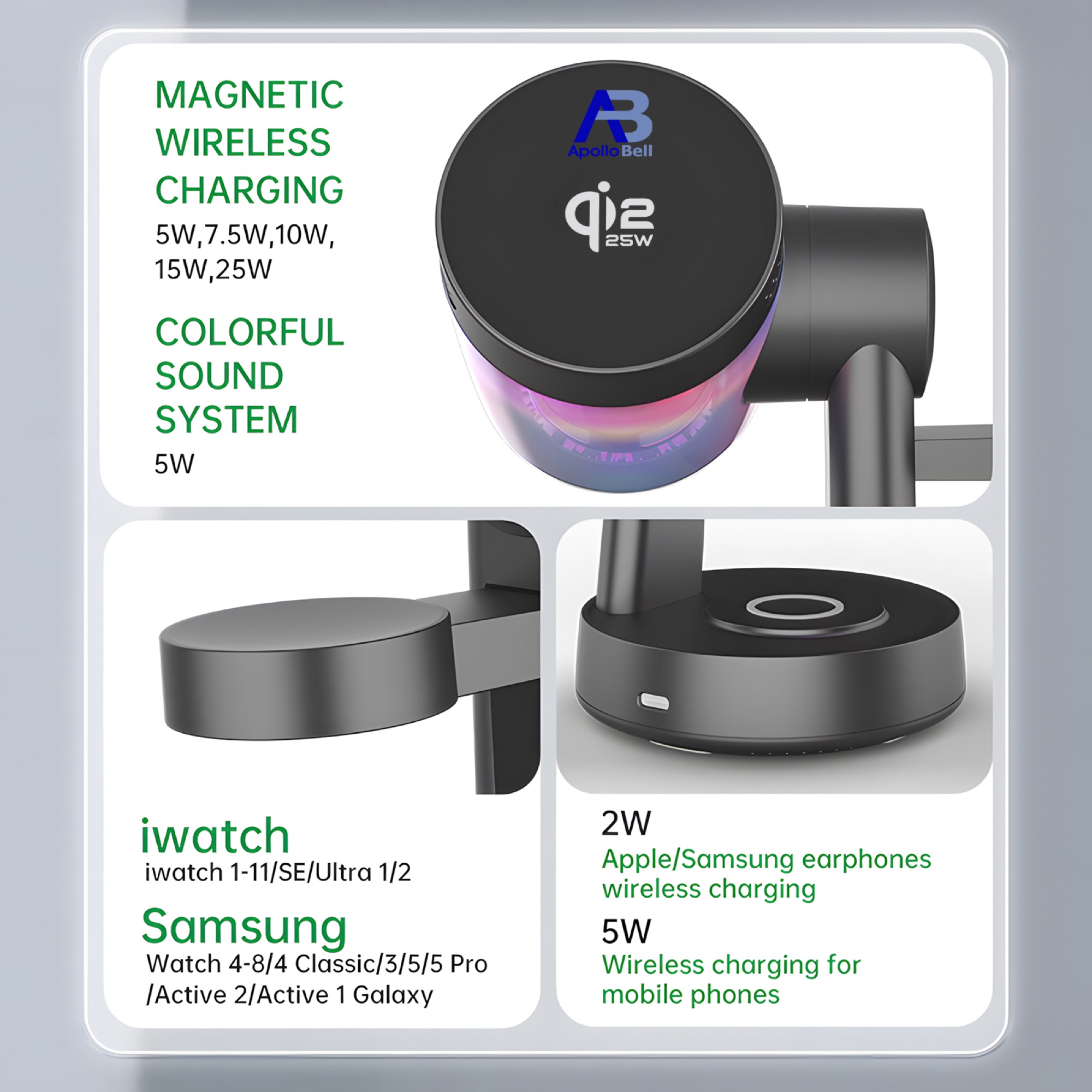 Qi2.2 25W Manyetik Kablosuz Şarj İstasyonu, Bluetooth Hoparlör ve RGB Ortam Işıklı, Siyah - 9