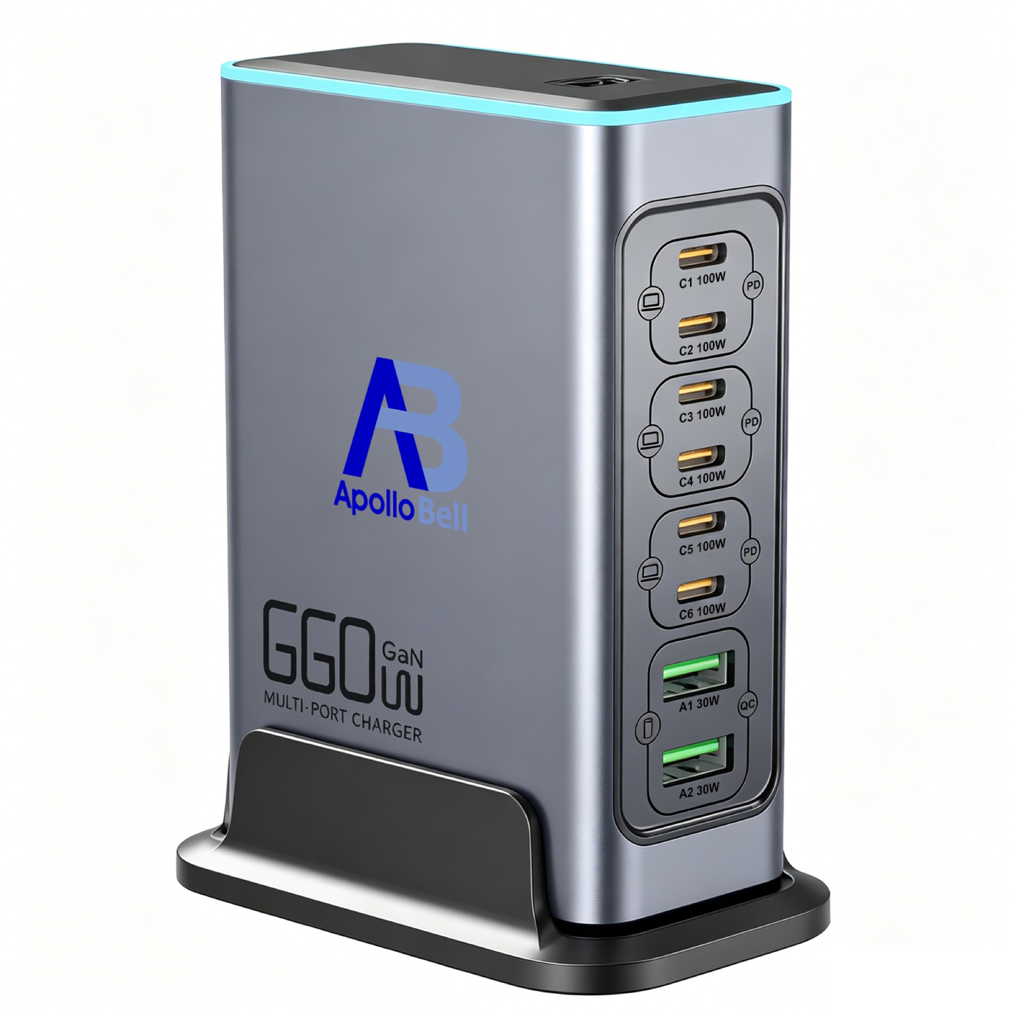 660W GaN Pro USB-C 8 Portlu Masaüstü Hızlı Şarj İstasyonu, Gri