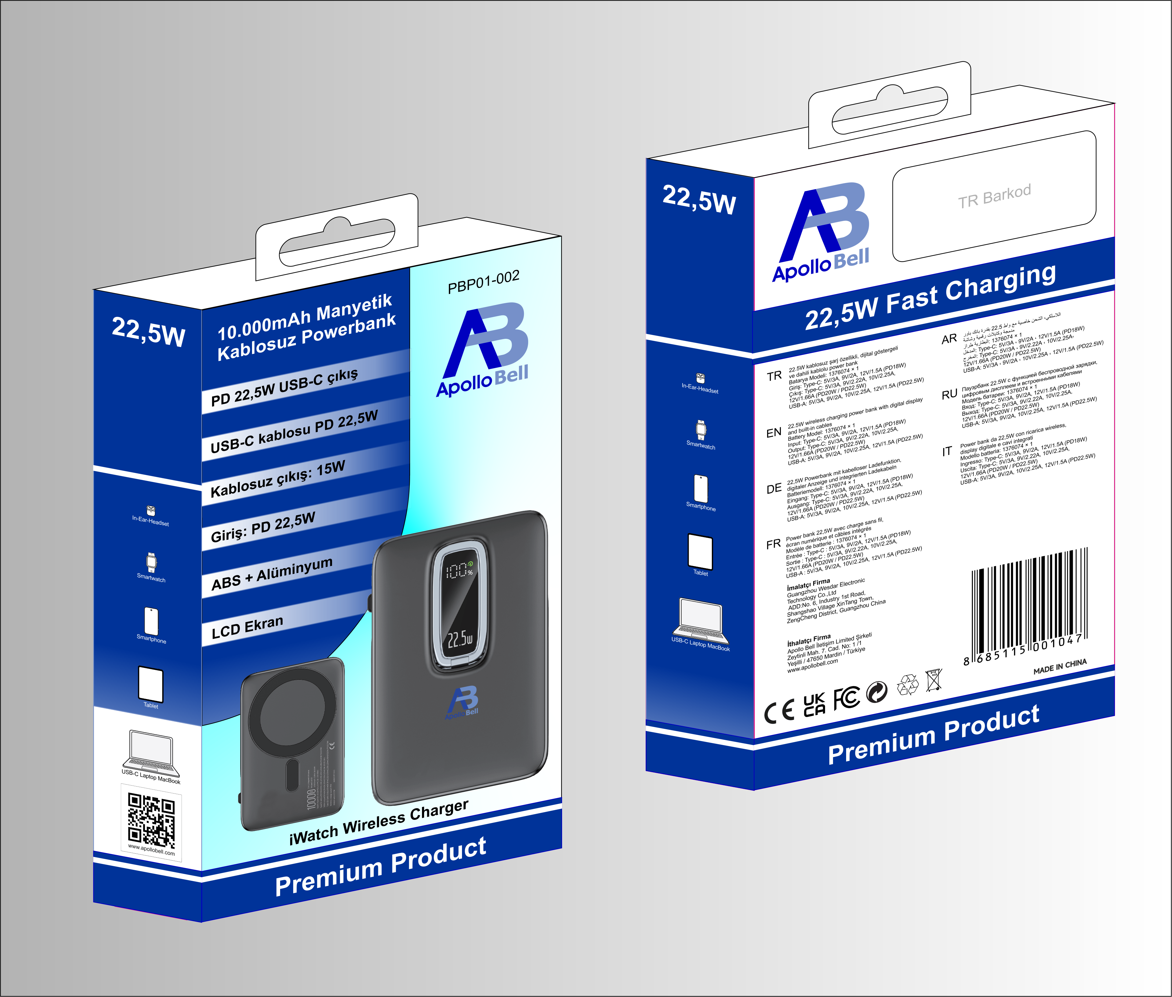ApolloBell PBP01-002 I-watch şarj destekli Kablosuz Powerbank 10000mAh