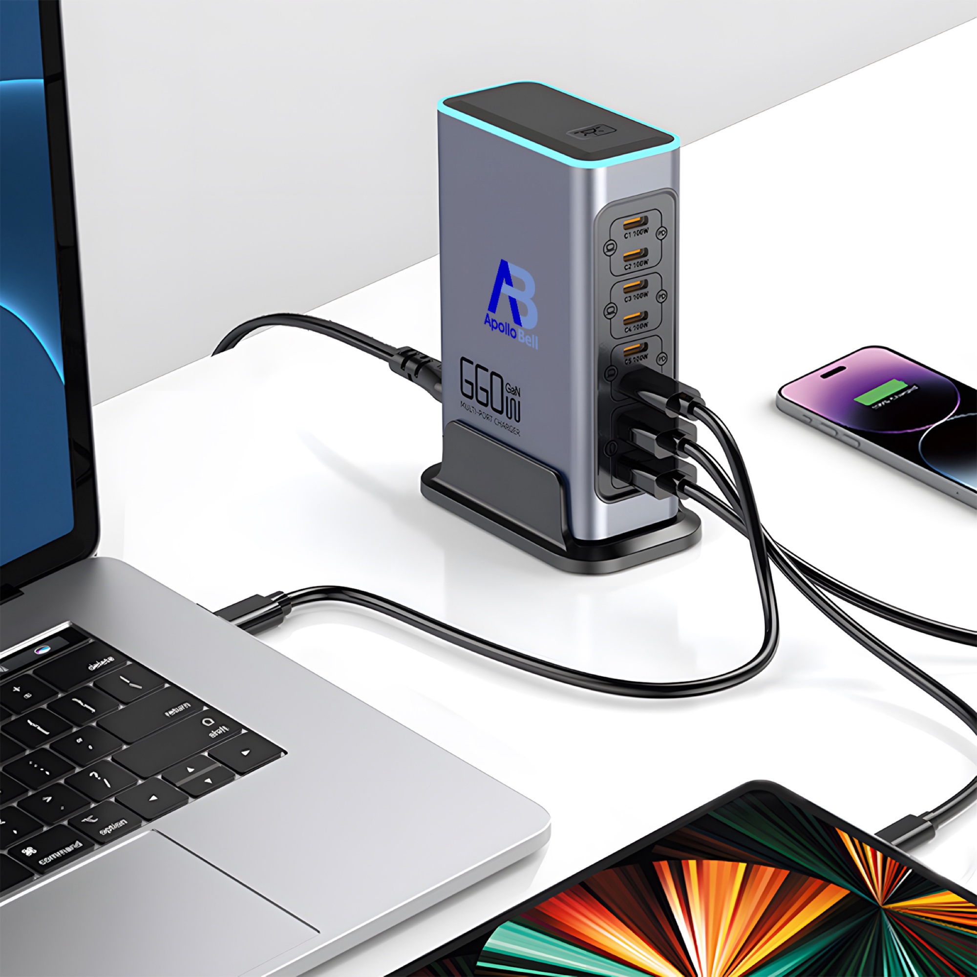 660W GaN Pro USB-C 8 Portlu Masaüstü Hızlı Şarj İstasyonu, Gri - 10