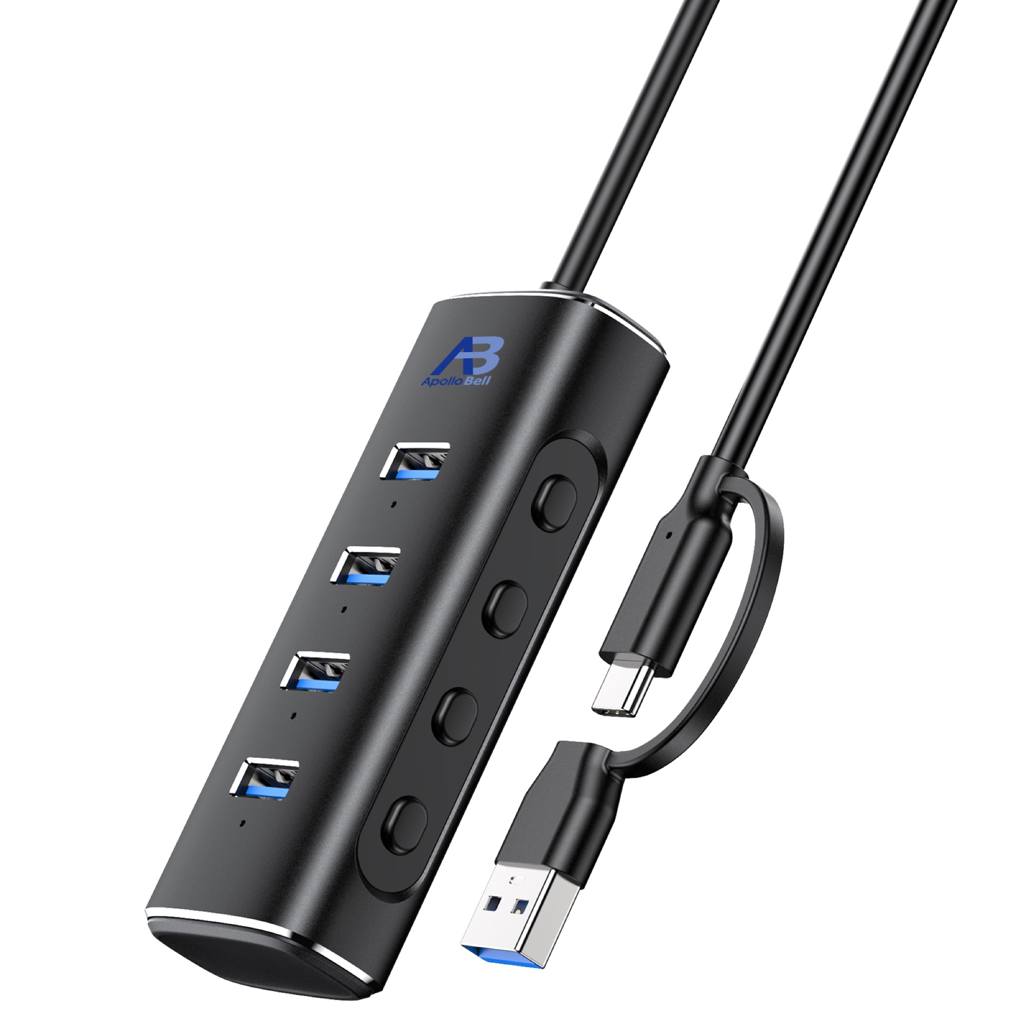 4 Portlu USB-A Hub 10Gbps USB 3.2 Gen 2, Bağımsız Anahtarlı Alüminyum, USB-C/USB-A Girişli, Siyah - 5