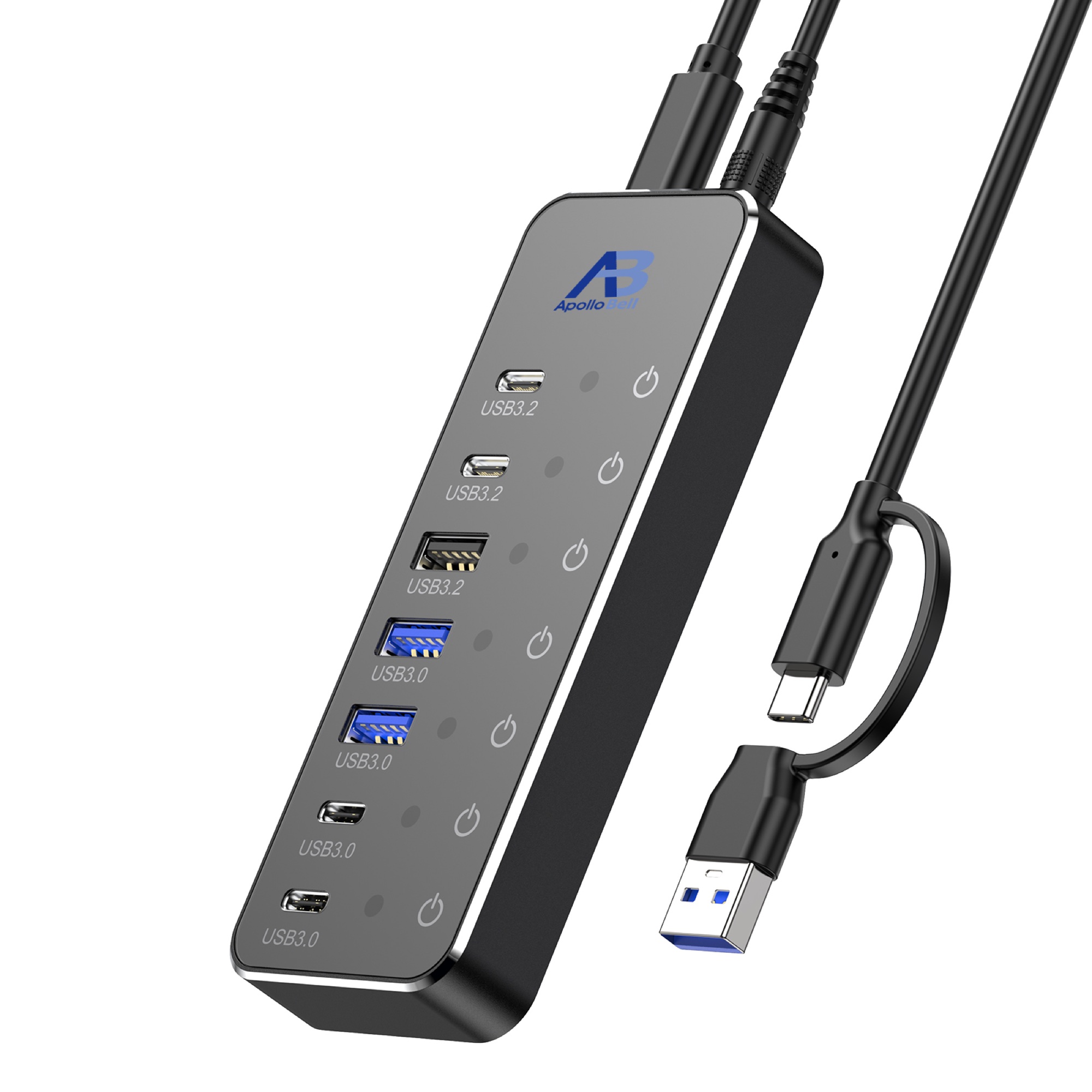 7 Portlu USB-C 3.2 Gen 2 Hub 10Gbps, Dokunmatik Bireysel Anahtarlı, Siyah - 5