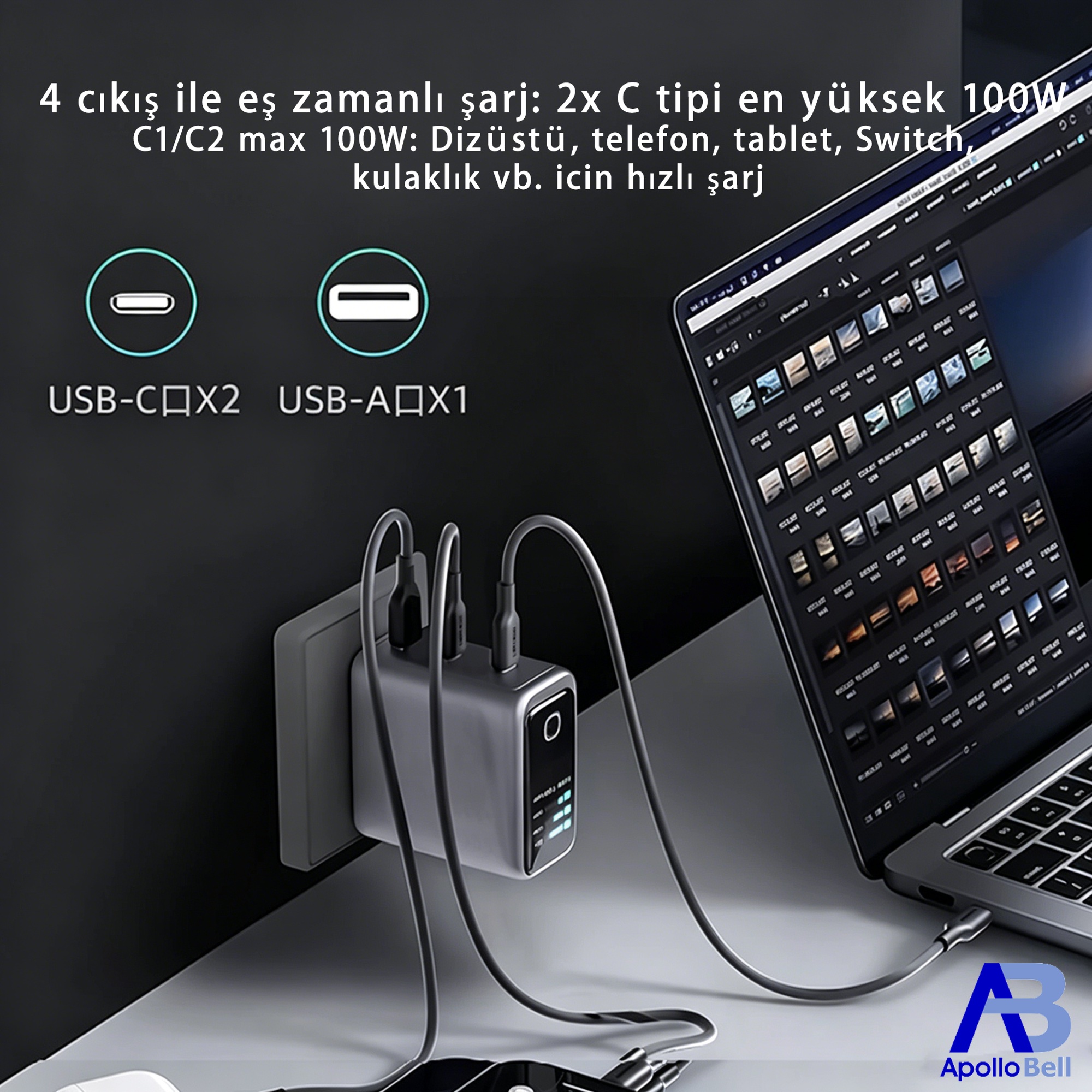 100W GaN Süper Hızlı Şarj Cihazı, Yapay Zeka Dokunmatik Ekran, 2x USB-C + USB-A - 9