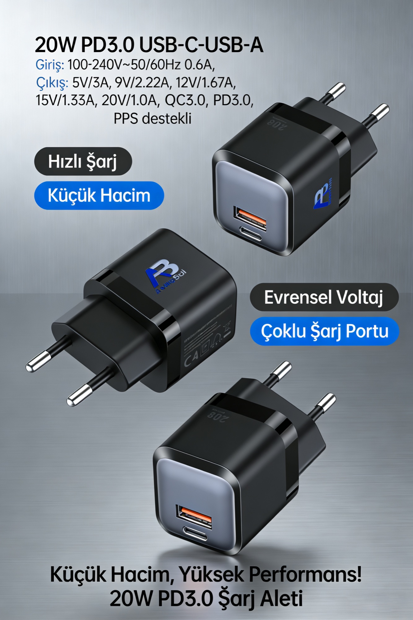 20W Mini GaN Pro Hızlı Şarj Cihazı, USB-C + USB-A, PD3.0, Siyah - 11