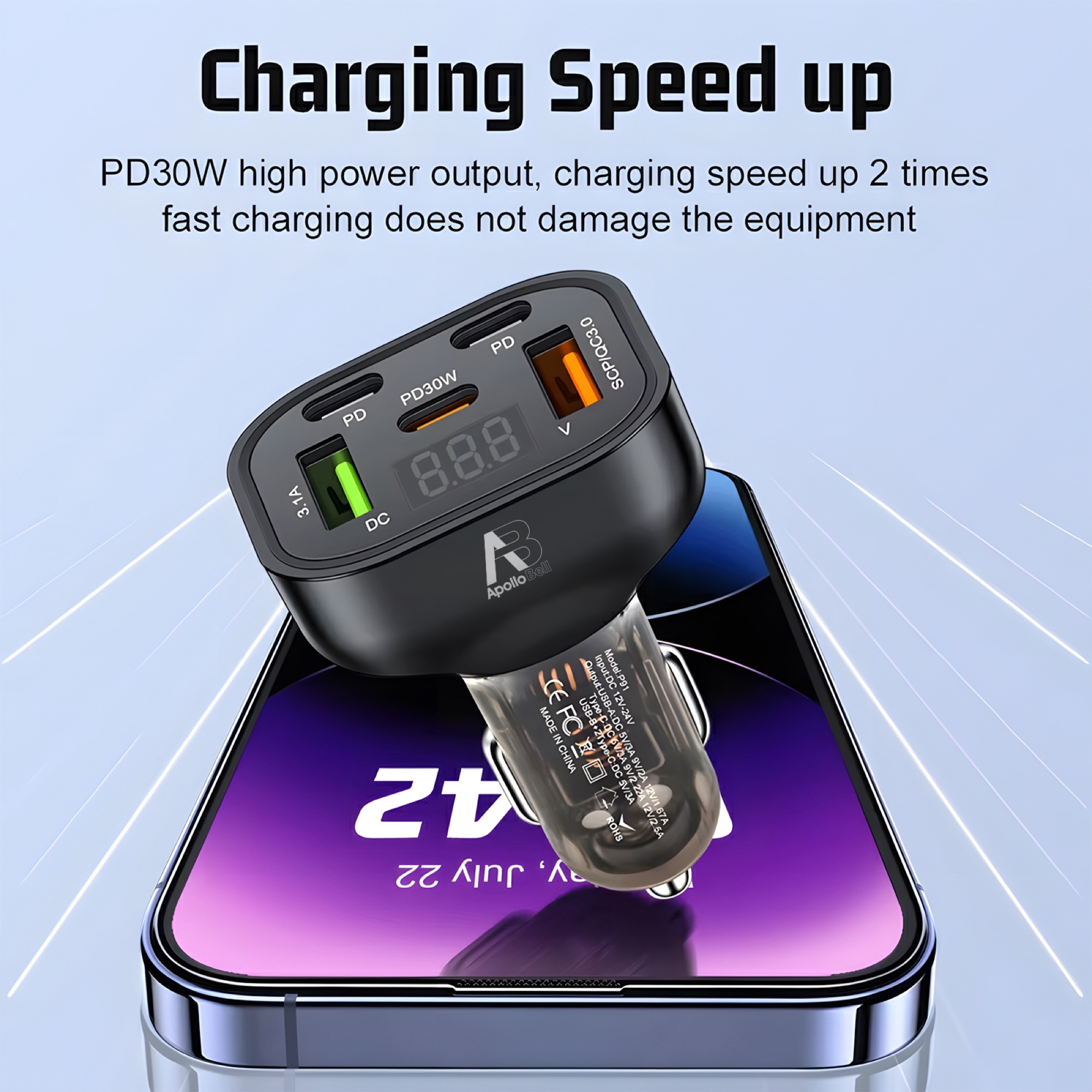 150W 5'i 1 Arada Araç Şarj Cihazı, 3x Type-C + 2x USB, Voltaj Göstergeli, Siyah - 5