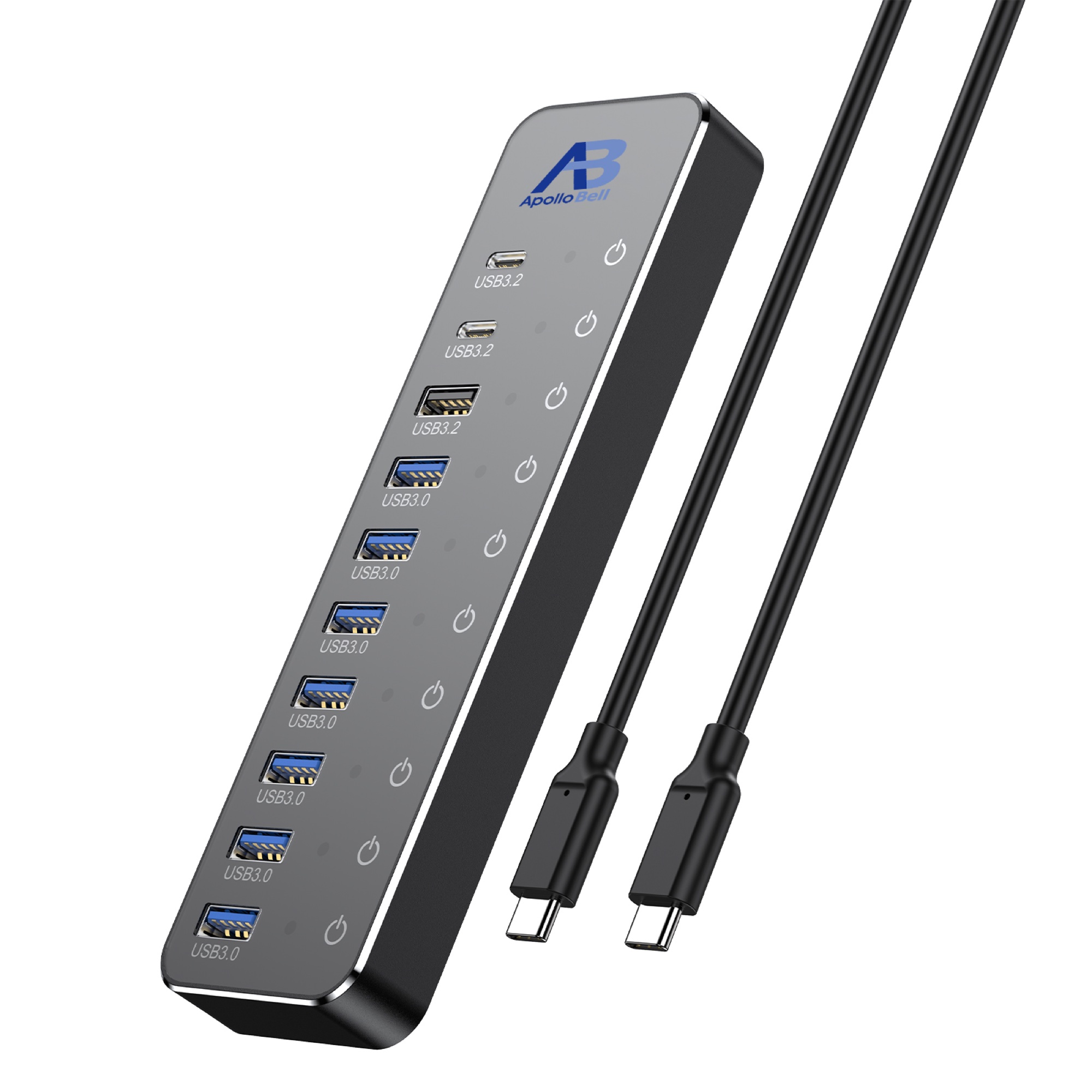 10 Portlu USB-C 3.2 Gen 2 Hub 10Gbps, Dokunmatik Anahtarlı, 60W Güç Adaptörlü, Siyah - 5