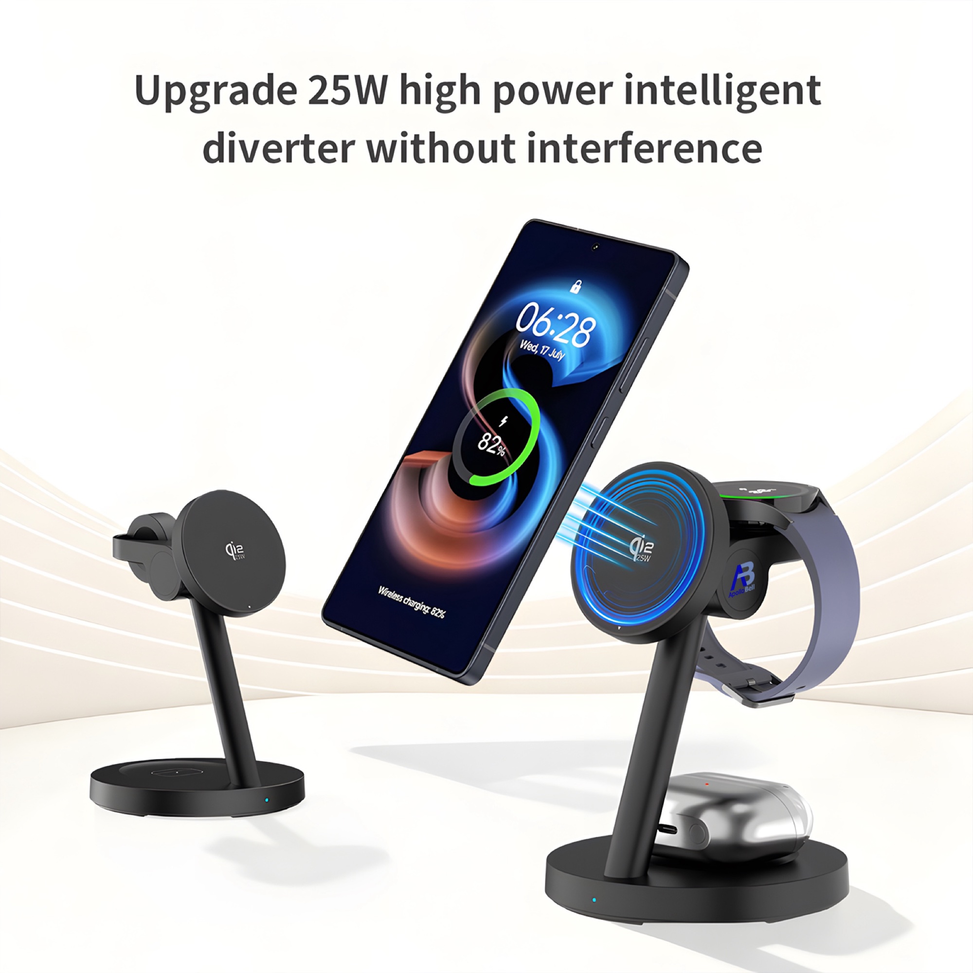 3'ü 1 Arada Qi2.2 Manyetik Kablosuz Şarj Standı 25W (Telefon, Saat, Kulaklık) - 3