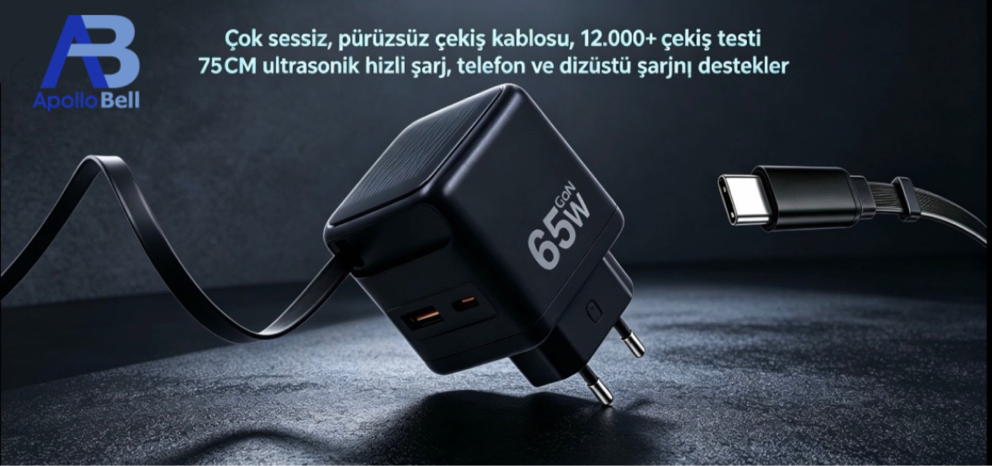 65W GaN Şarj Cihazı, Geri Çekilebilir USB-C Kablolu, PD Hızlı Şarj, Siyah - 2