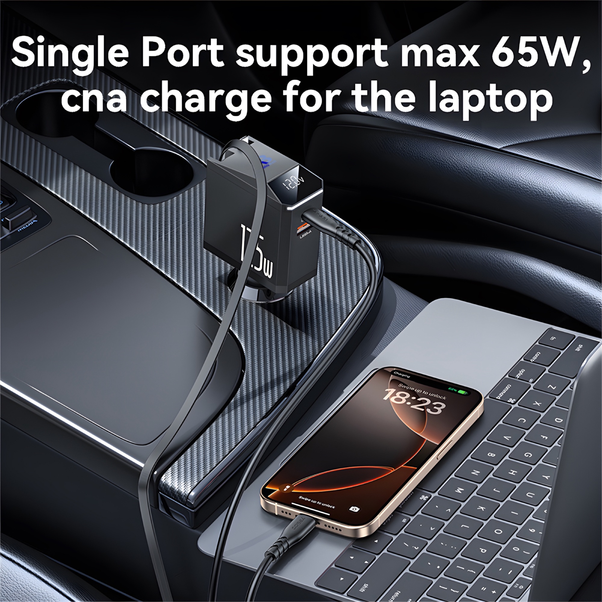 125W Araç Şarj Cihazı USB-A + USB-C, 65W Makaralı Type-C Kablo ve iP Adaptörlü, Siyah - 4