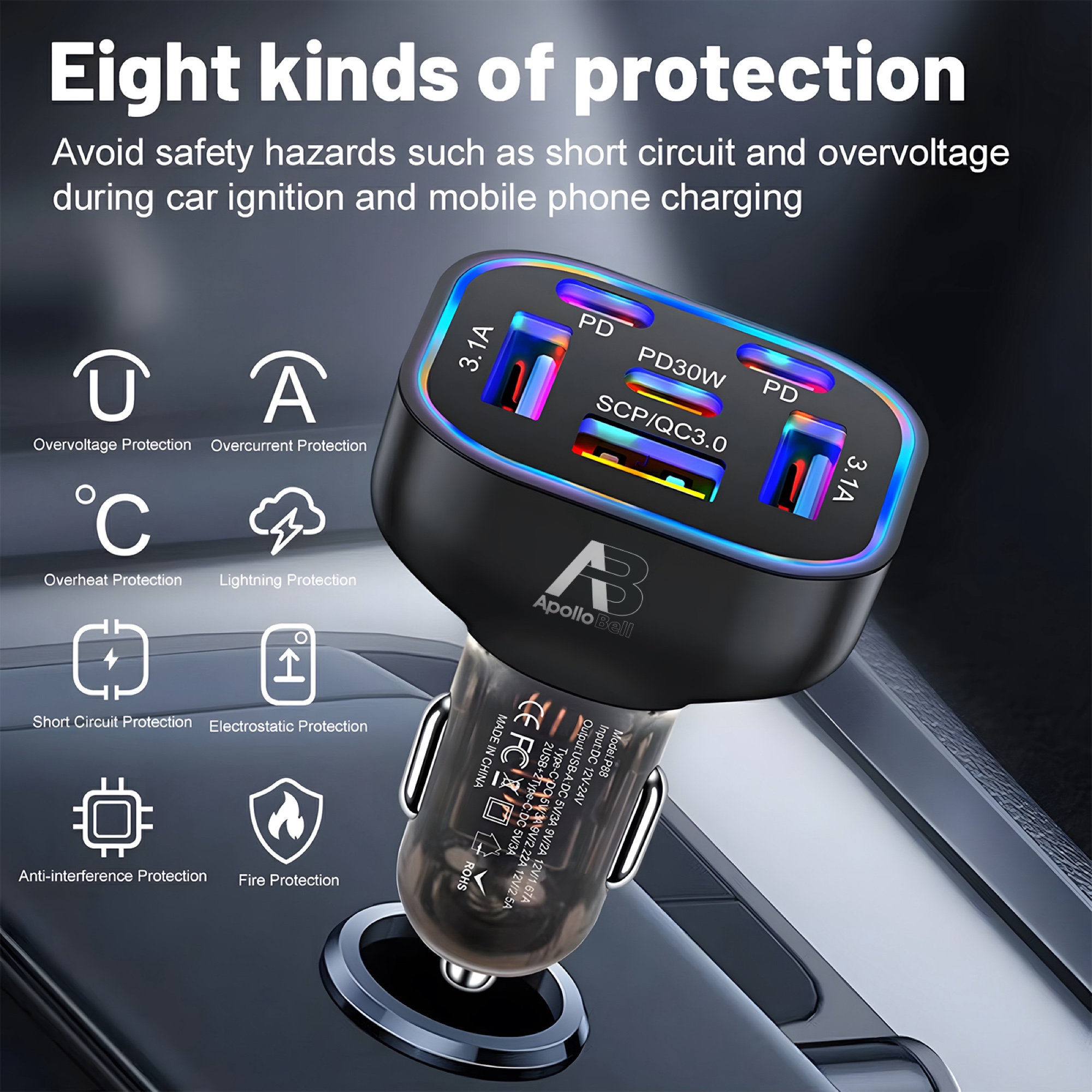 63W 6 Portlu Araç Şarj Cihazı 3x USB-A + 3x Type-C, Renkli LED Işıklı, Siyah - 4