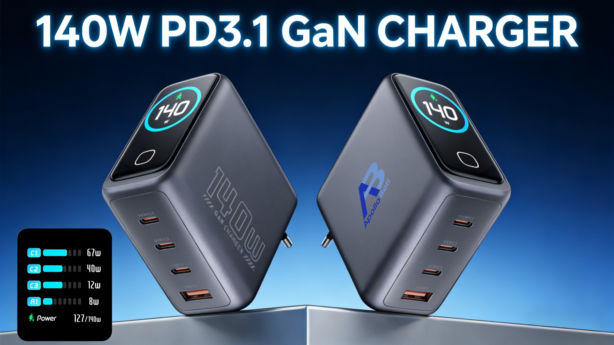 140W GaN Ultra Hızlı Şarj Cihazı, HD LCD Ekran, 3x USB-C + USB-A PD3.1 - 9