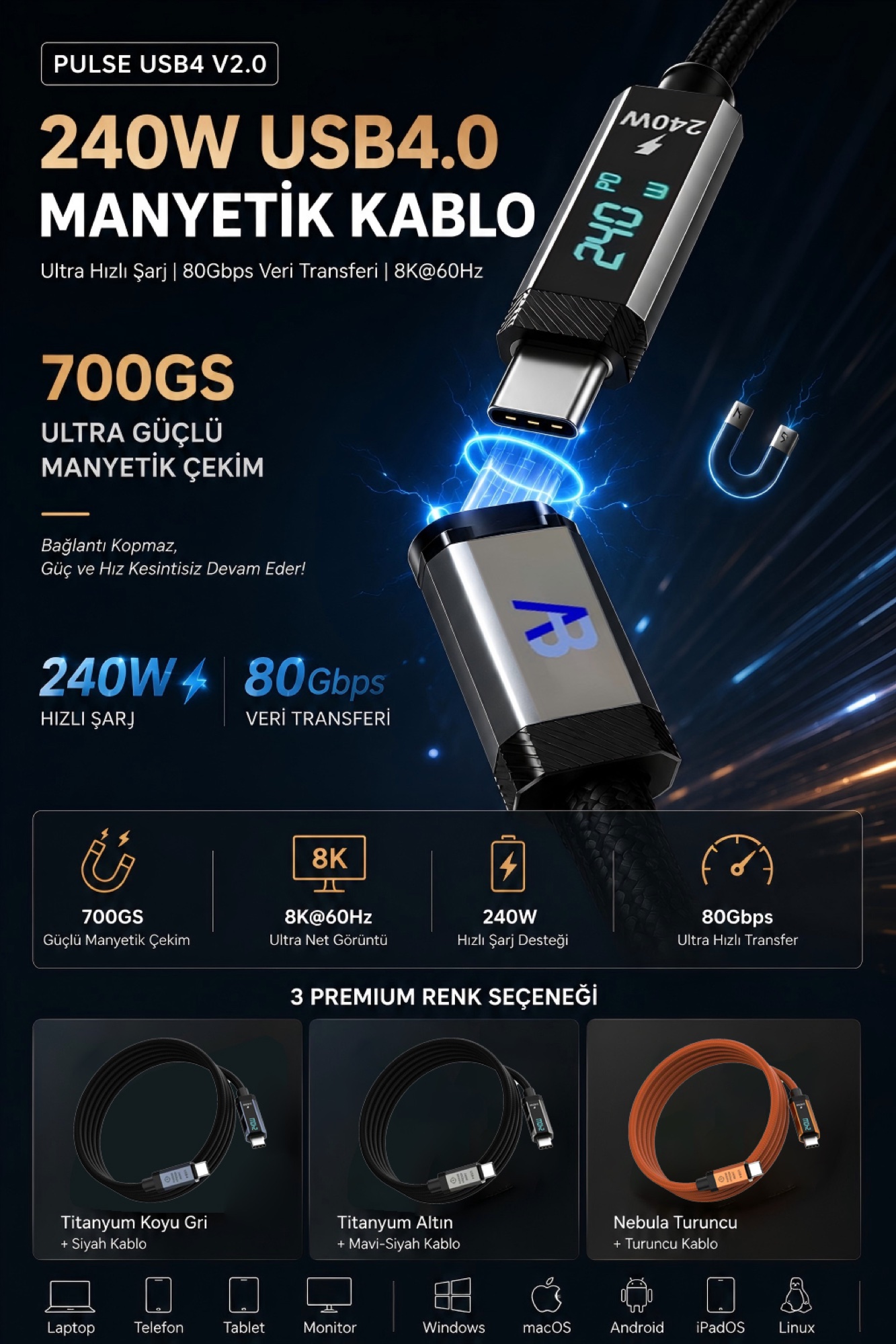 USB4 V2.0 Manyetik Kablo 240W / 80Gbps Dijital Ekranlı Örgülü USB-C, 100cm Siyah - 5