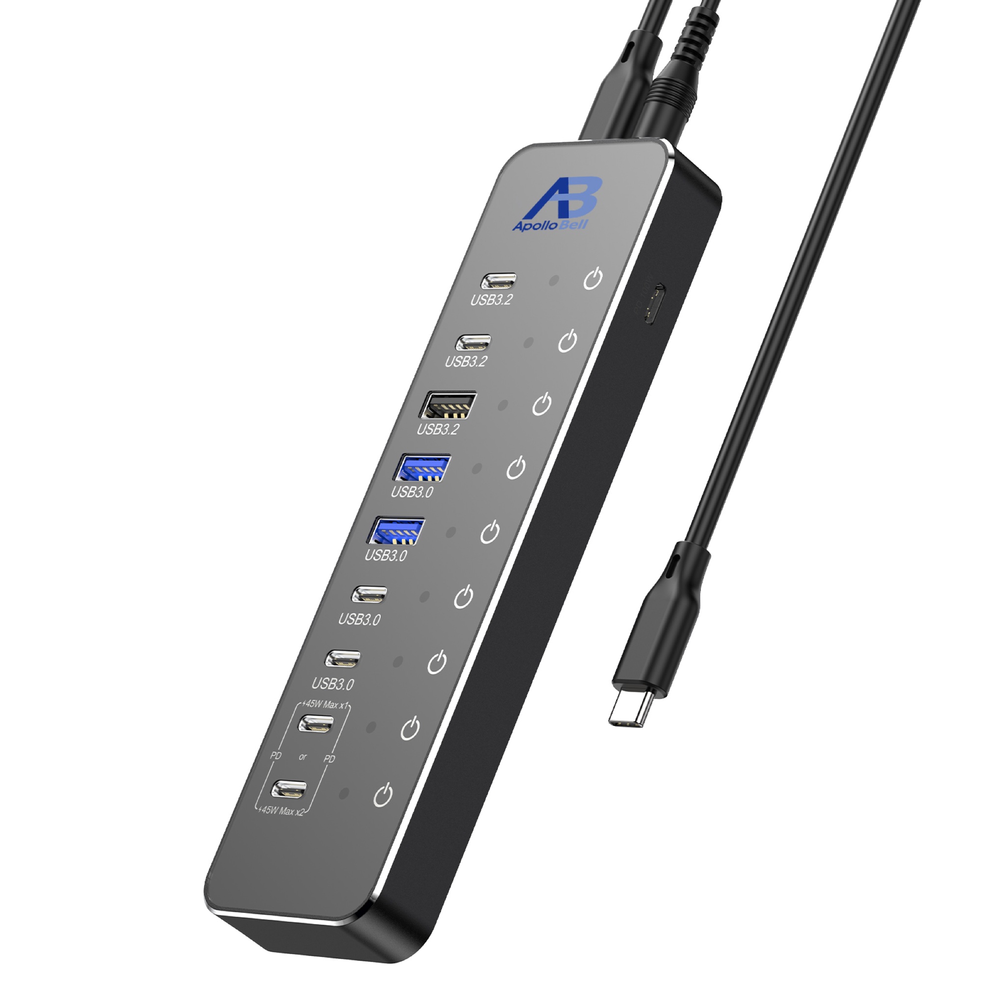 10 Portlu USB-C 3.2 Gen 2 Hub 10Gbps, 100W PD Şarj Portlu, Dokunmatik Anahtarlı, Siyah - 5