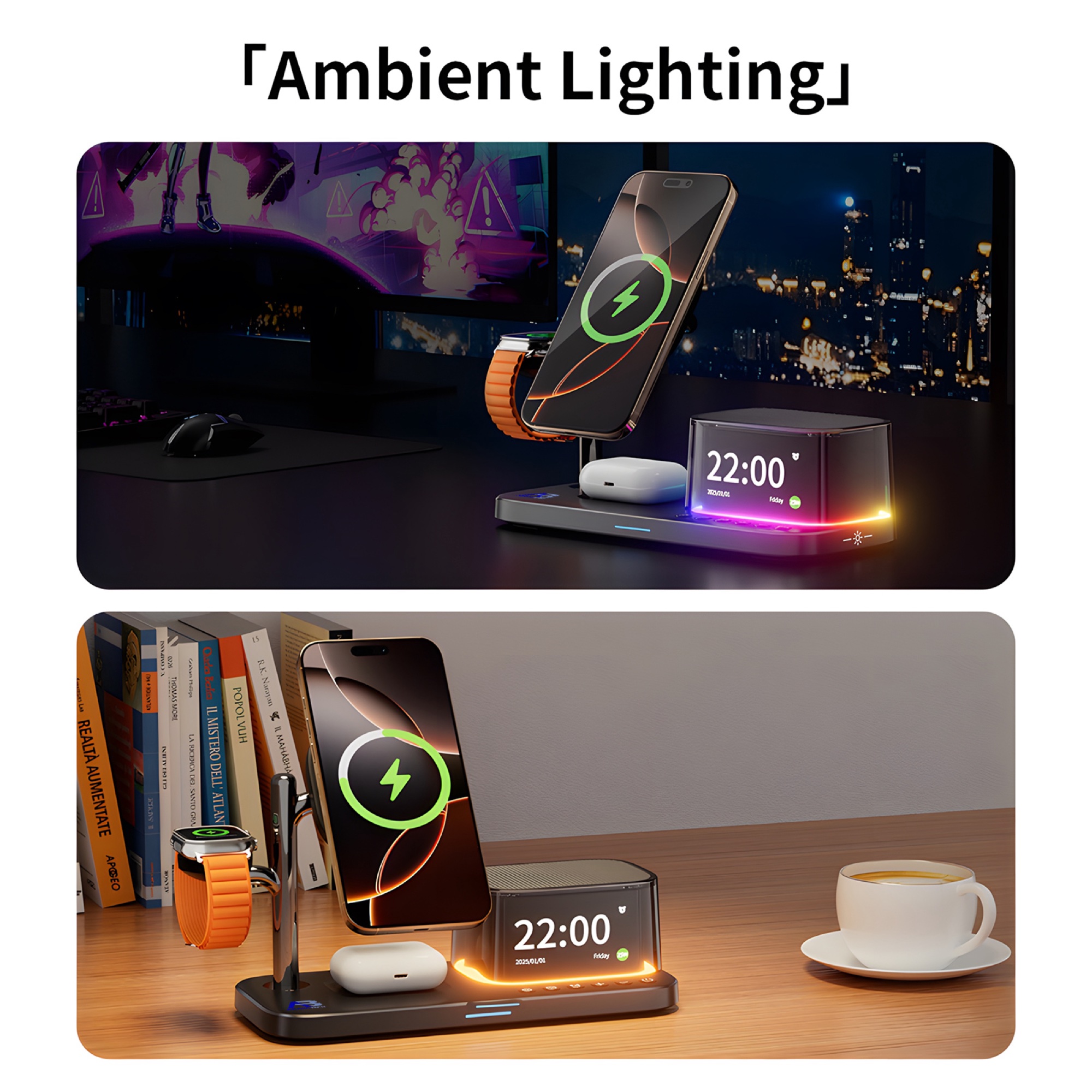 5'i 1 Arada Qi2.2 Manyetik Kablosuz Şarj Cihazı 25W, Bluetooth Hoparlör + Alarm Saati + Gece Lambası, Siyah - 5