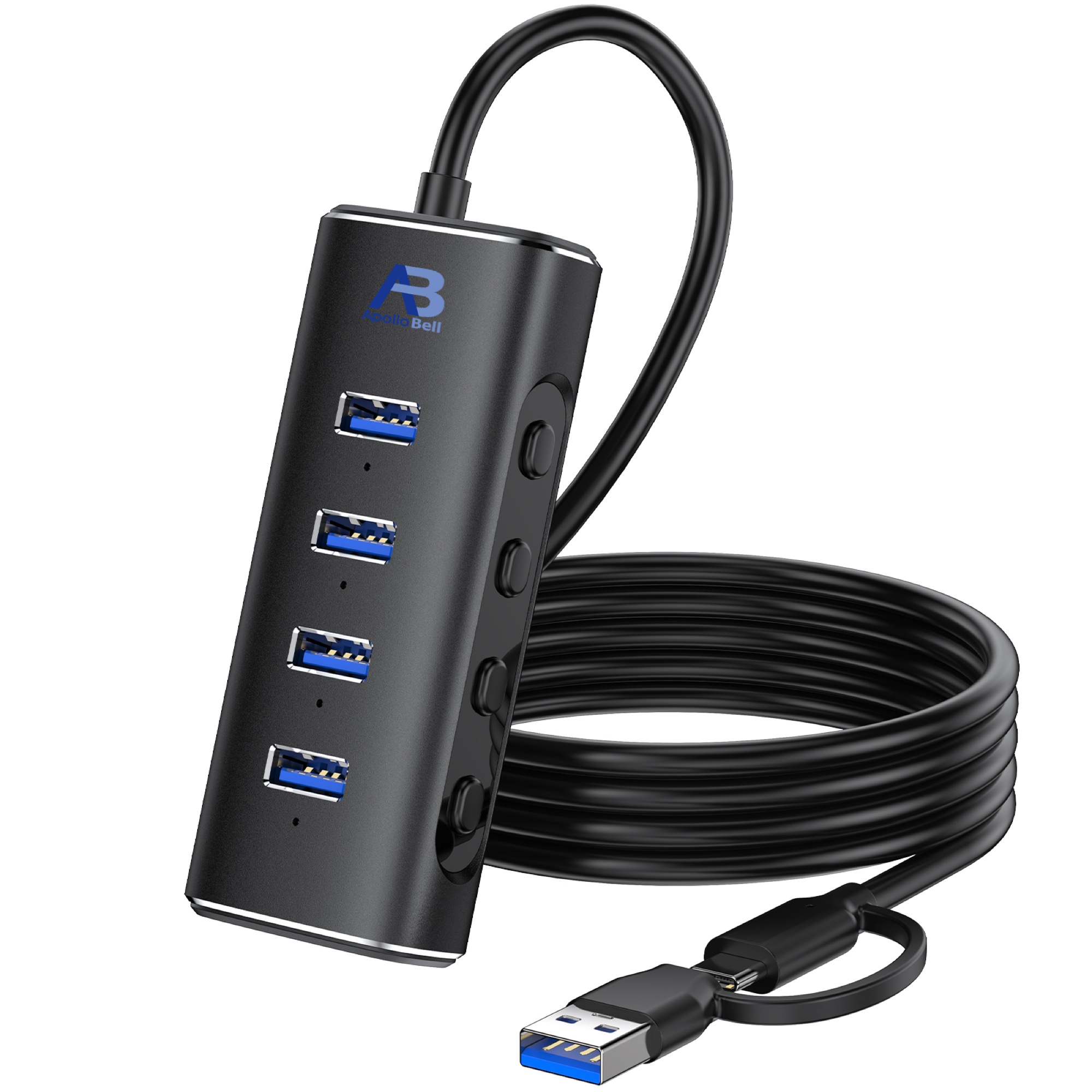 4 Portlu USB-A Hub 10Gbps USB 3.2 Gen 2, Bağımsız Anahtarlı Alüminyum, USB-C/USB-A Girişli, Siyah - 4