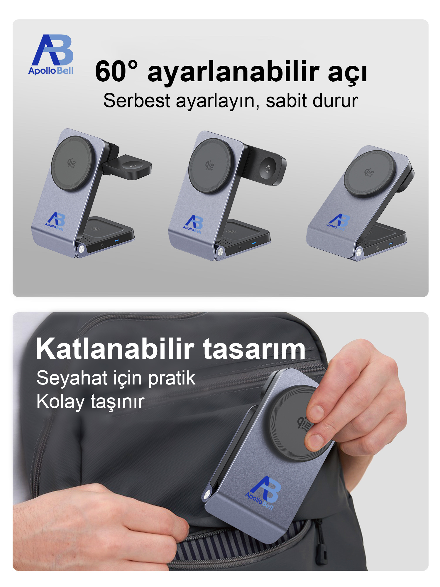 3'ü 1 Arada Katlanabilir Qi2.2 Manyetik Kablosuz Şarj Cihazı 25W, Aktif Soğutmalı, Gri - 5
