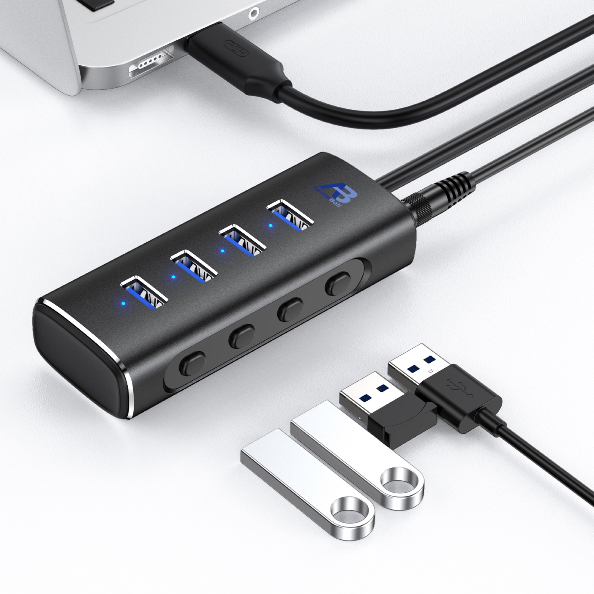 4 Portlu USB-A Hub 10Gbps USB 3.2 Gen 2, Bağımsız Anahtarlı Alüminyum, USB-C/USB-A Girişli, Siyah - 3