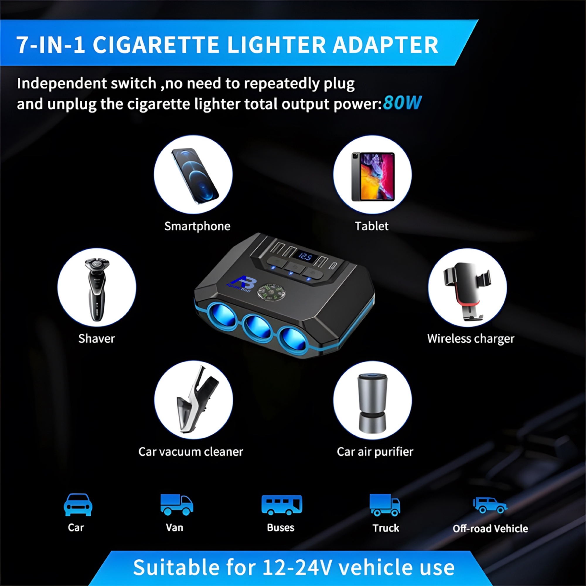120W Araç Çakmak Çoğaltıcı 3 Çakmak Soketi + 3 USB-A + Type-C, Voltaj Göstergeli, Siyah - 8