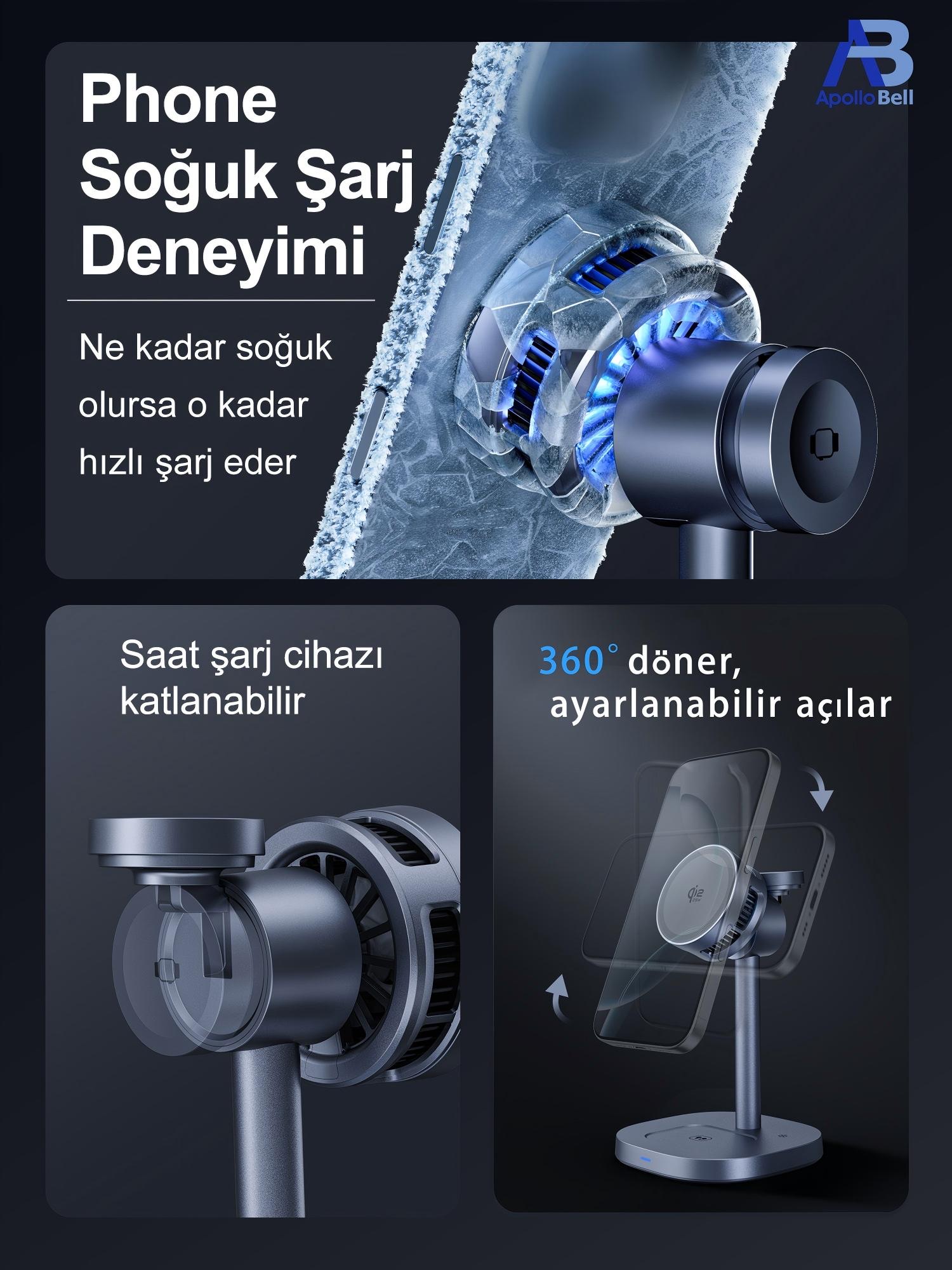 3'ü 1 Arada Qi2 Manyetik Kablosuz Şarj Standı 25W, Aktif Soğutmalı, Gri - 5