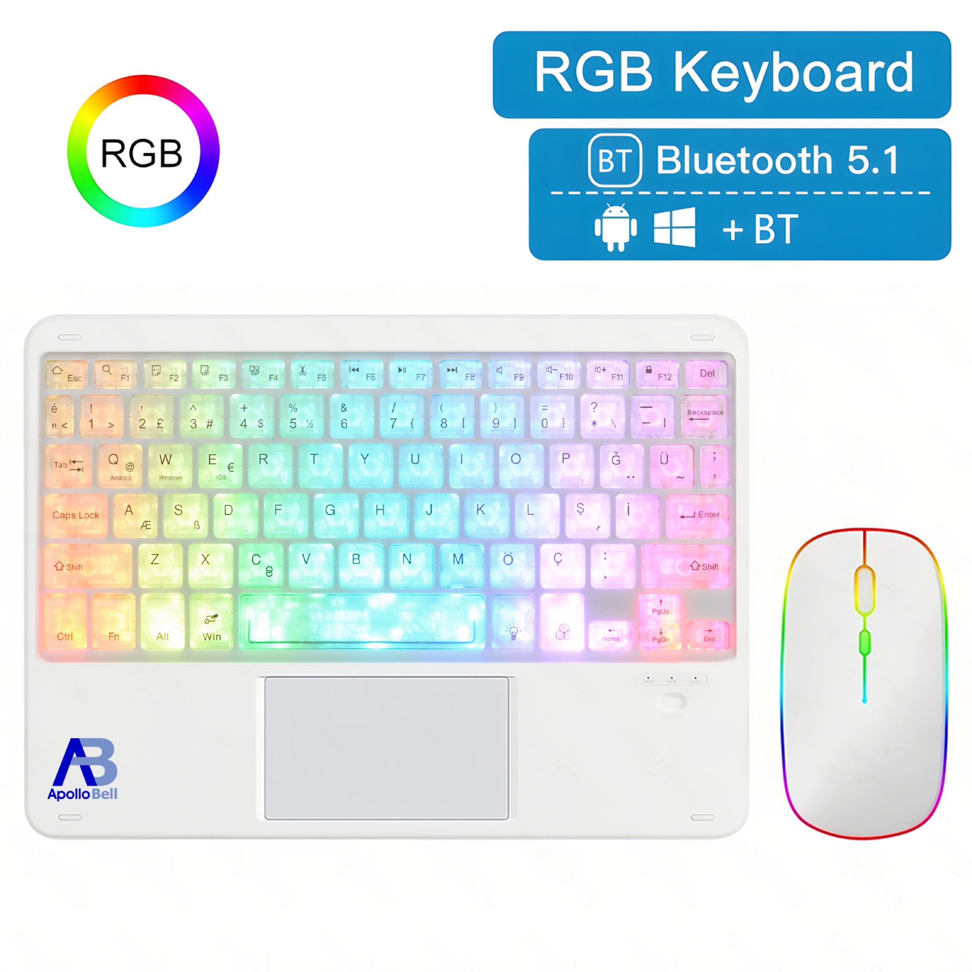RGB Aydınlatmalı Bluetooth 5.1 Klavye ve Fare Seti, Dokunmatik Yüzeyli Şeffaf Tuşlar, Beyaz - 2