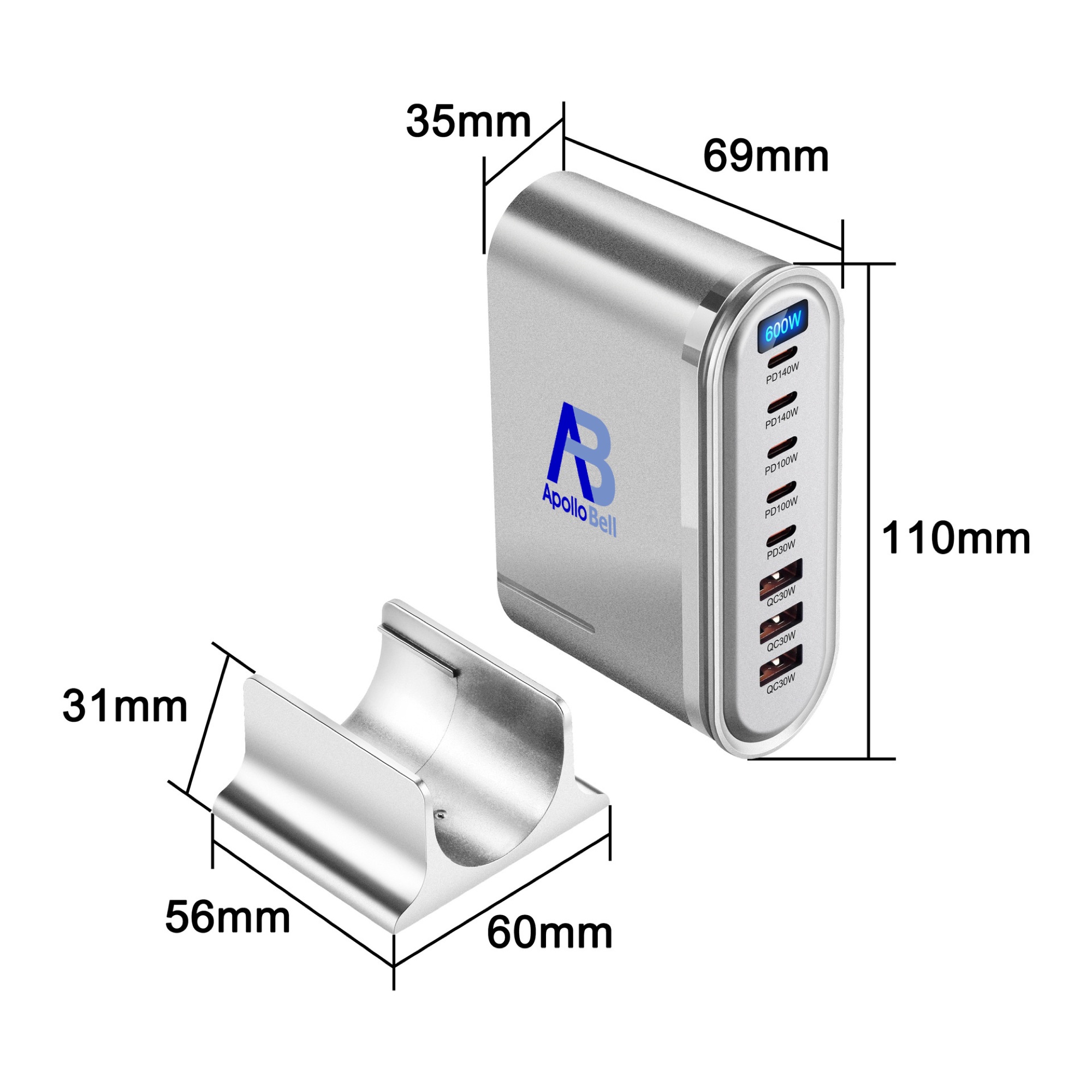 600W GaN Pro USB-C 8 Portlu Masaüstü Hızlı Şarj İstasyonu, LCD Ekranlı, Gümüş - 2