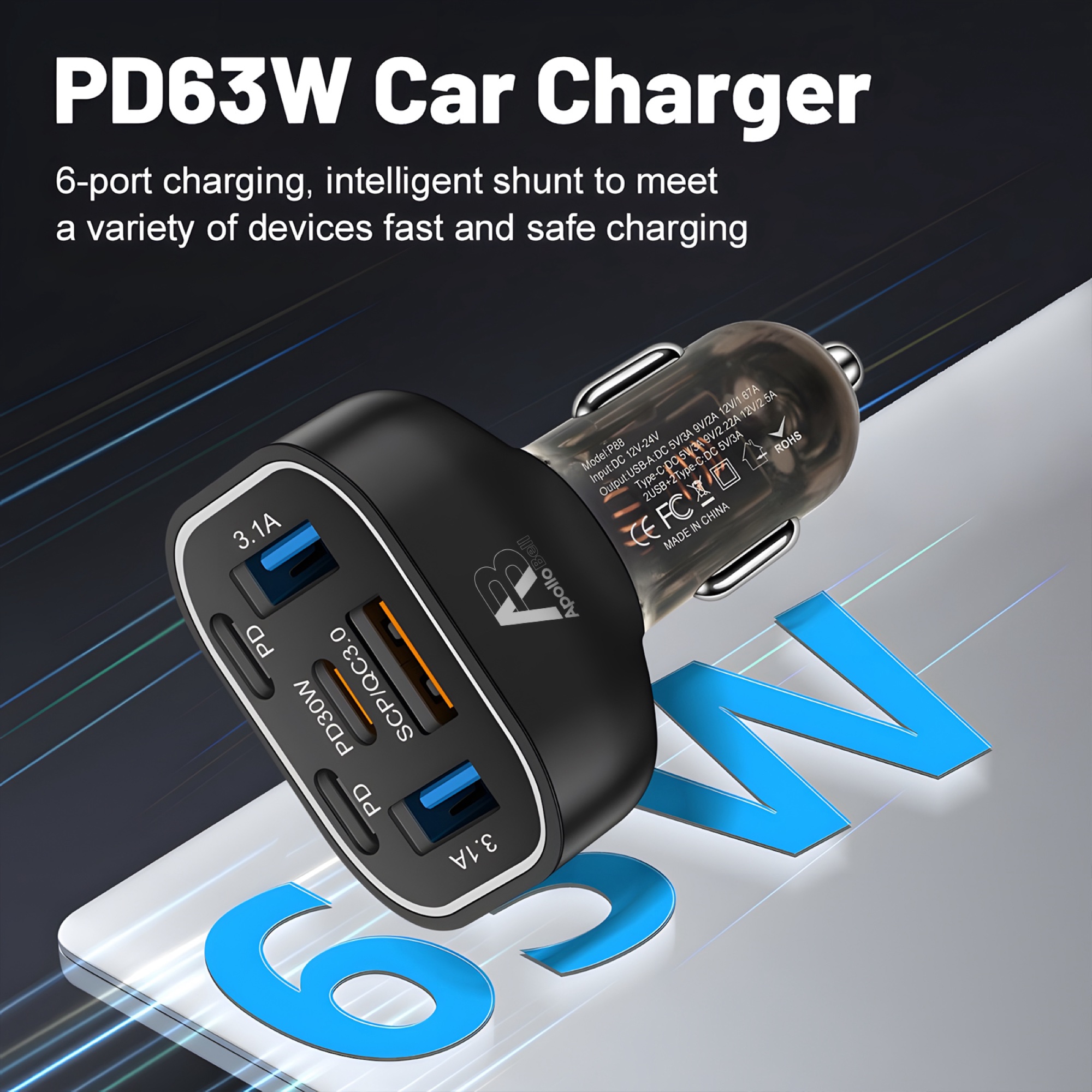 63W 6 Portlu Araç Şarj Cihazı 3x USB-A + 3x Type-C, Renkli LED Işıklı, Siyah - 7