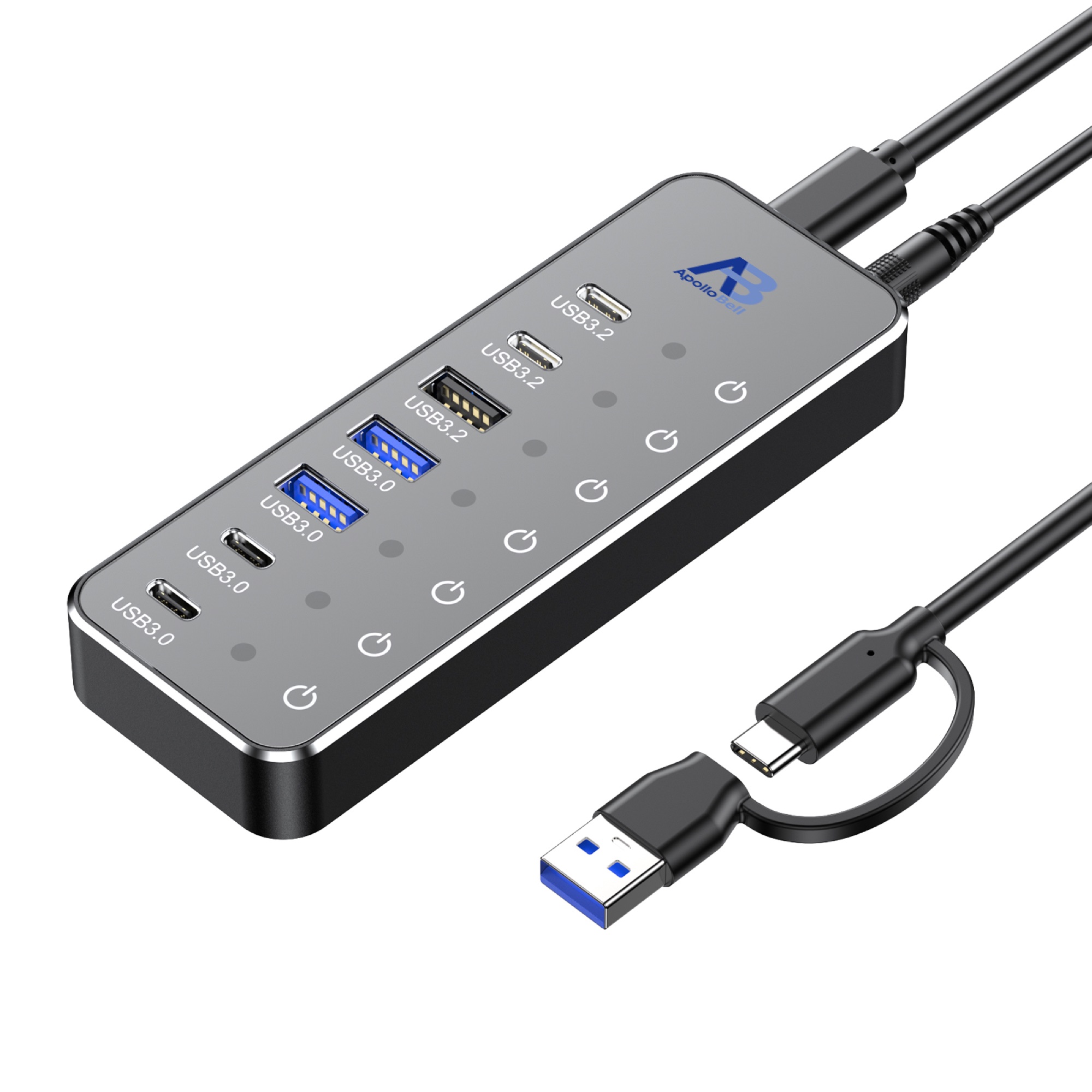 7 Portlu USB-C 3.2 Gen 2 Hub 10Gbps, Dokunmatik Bireysel Anahtarlı, Siyah - 4