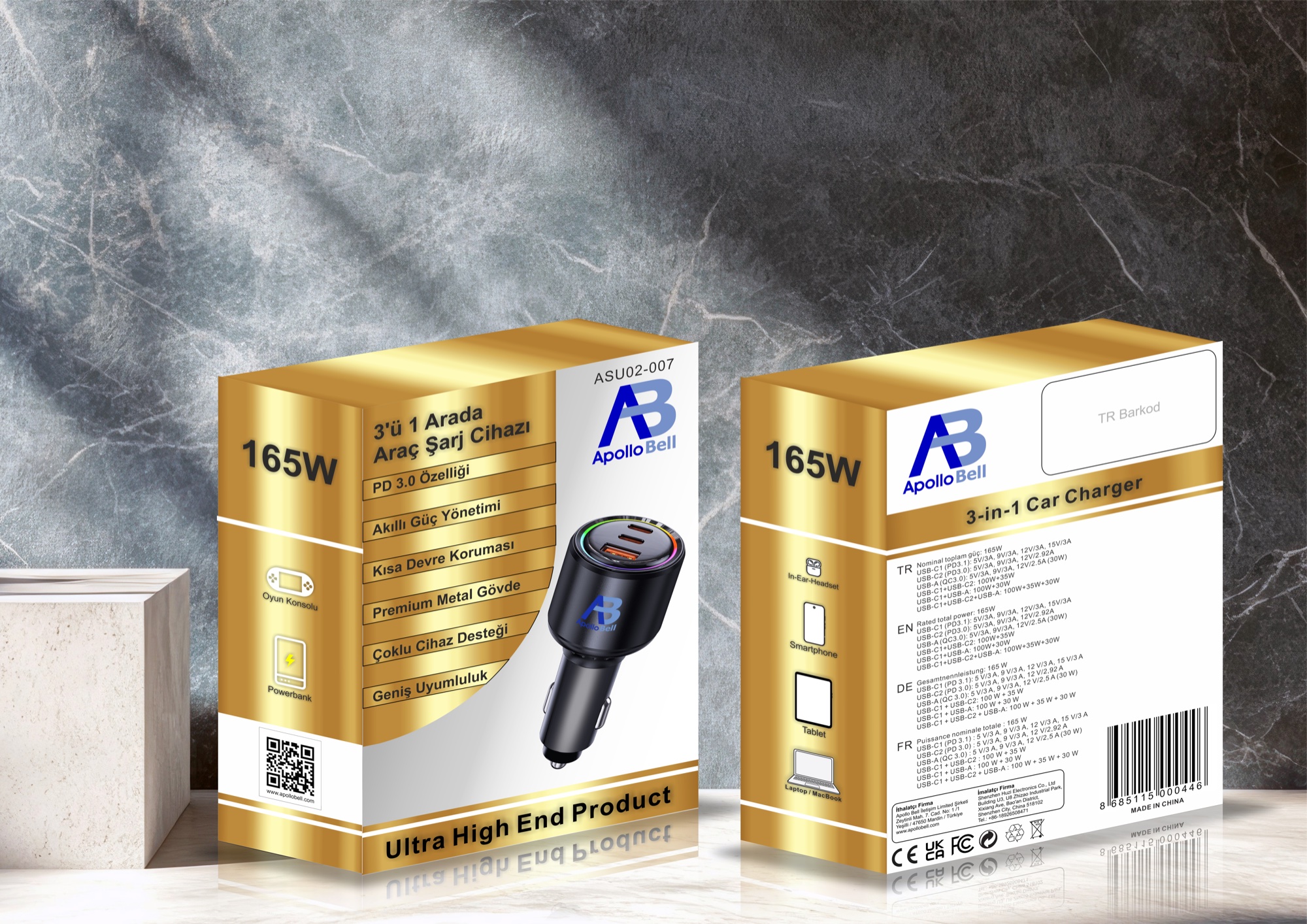 165W 3'ü 1 Arada Araç Şarj Cihazı, 2 Type-C + USB, RGB Işıklı Metal Gövde, Siyah - 5