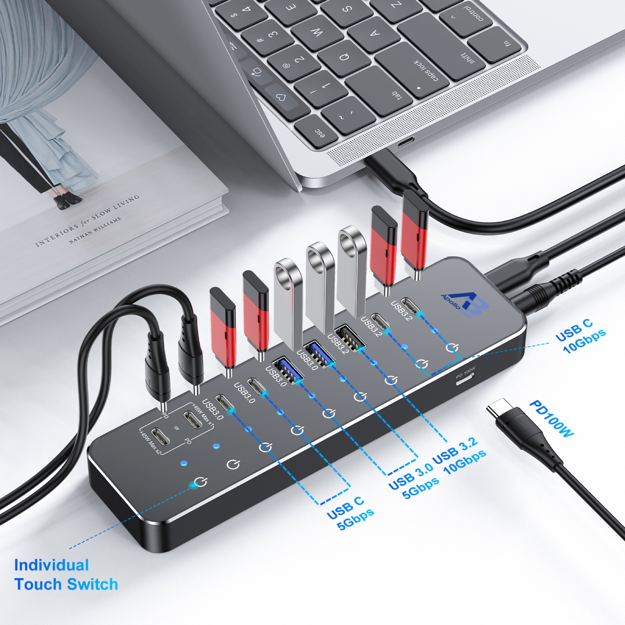 10 Portlu USB-C 3.2 Gen 2 Hub 10Gbps, 100W PD Şarj Portlu, Dokunmatik Anahtarlı, Siyah - 2