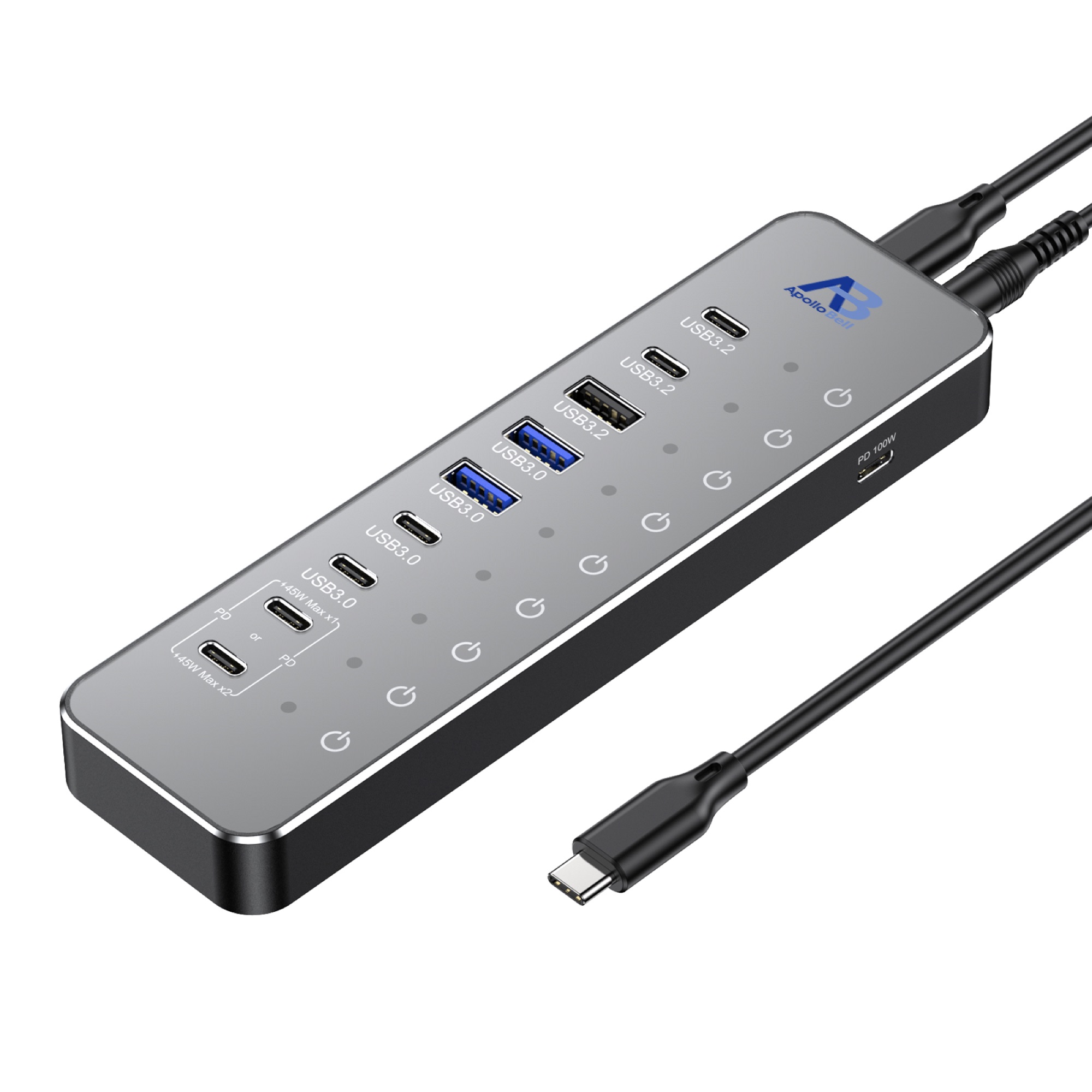 10 Portlu USB-C 3.2 Gen 2 Hub 10Gbps, 100W PD Şarj Portlu, Dokunmatik Anahtarlı, Siyah - 4
