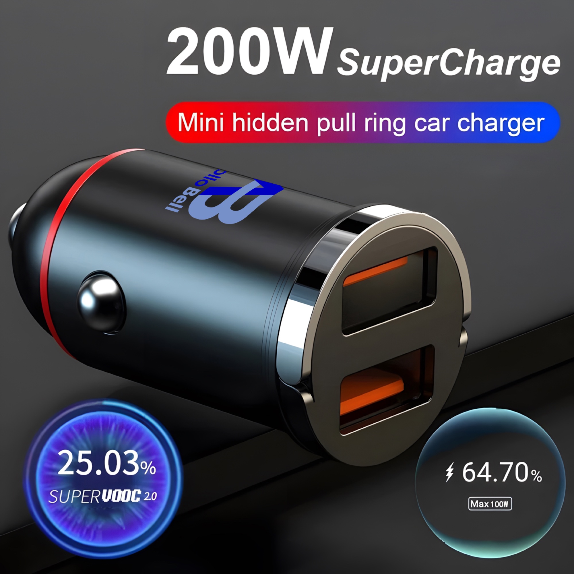 Çift USB Portlu Araç Şarj Adaptörü 200W, Mini Çekme Halkalı, 12V-24V Siyah - 4
