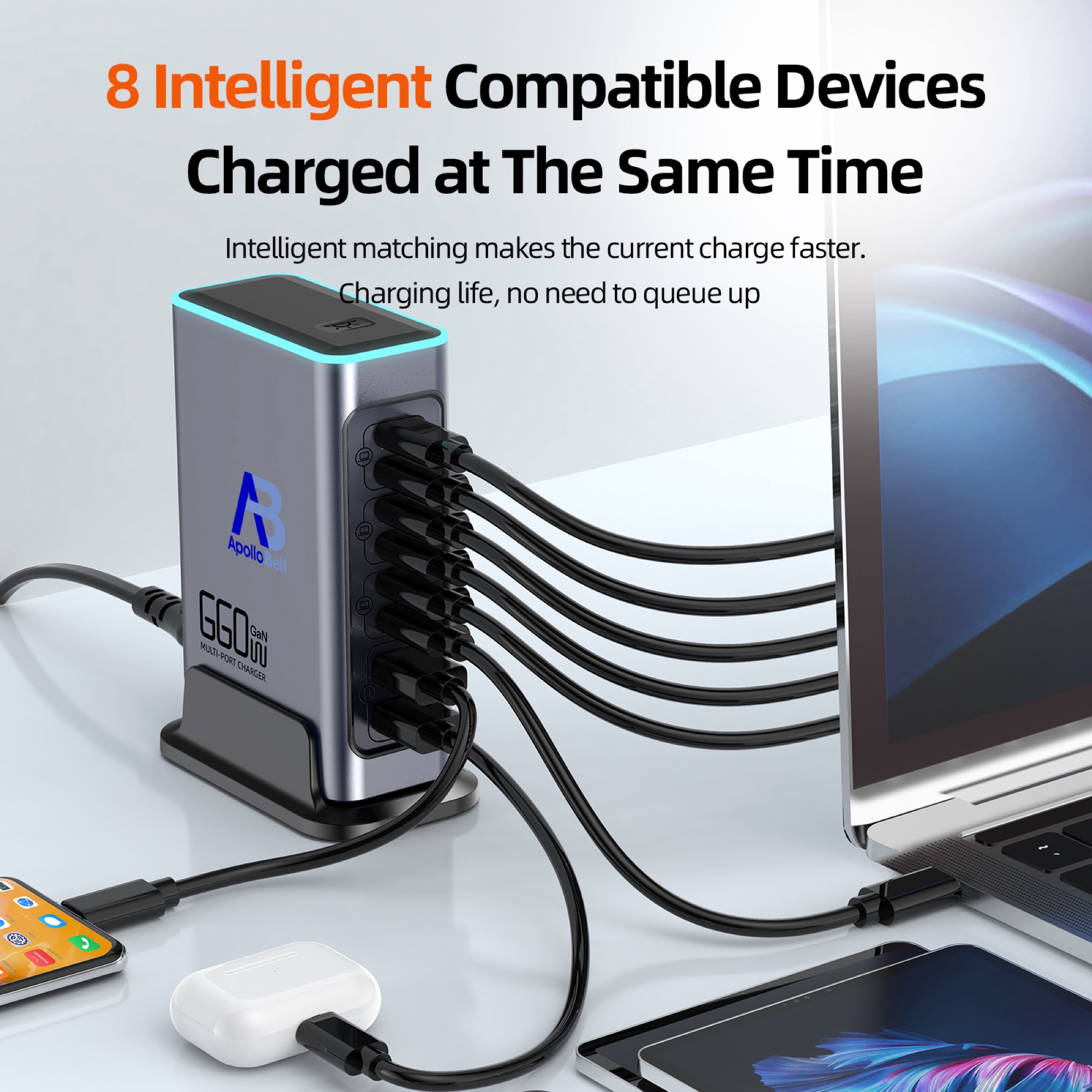 660W GaN Pro USB-C 8 Portlu Masaüstü Hızlı Şarj İstasyonu, Gri - 4