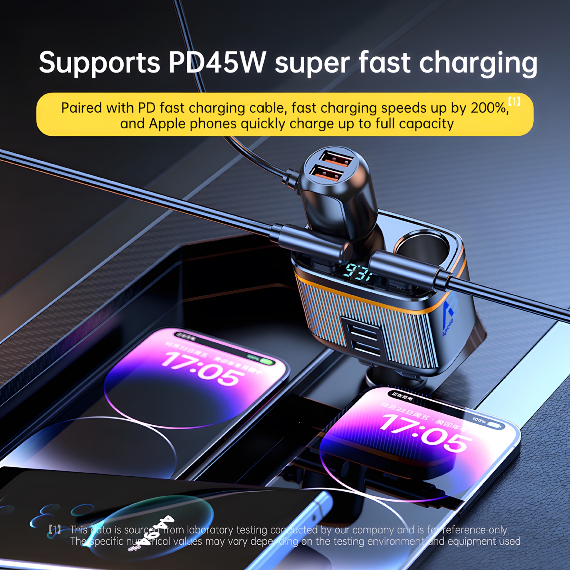 2 USB + 2 Type-C Portlu Araç Şarj Cihazı 145W, Çift Çakmak Soketli ve Dijital Voltaj Ekranlı, Siyah - 3