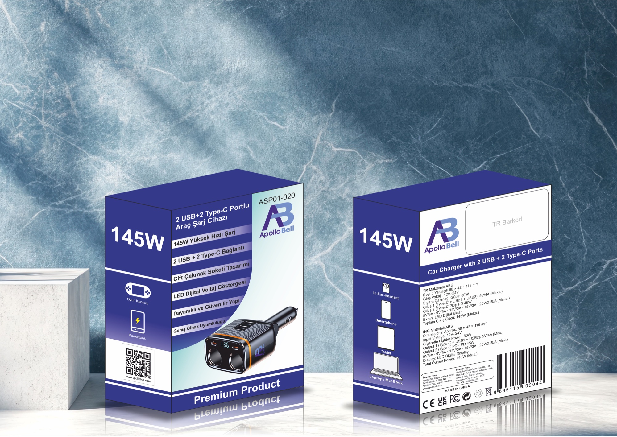 2 USB + 2 Type-C Portlu Araç Şarj Cihazı 145W, Çift Çakmak Soketli ve Dijital Voltaj Ekranlı, Siyah - 9