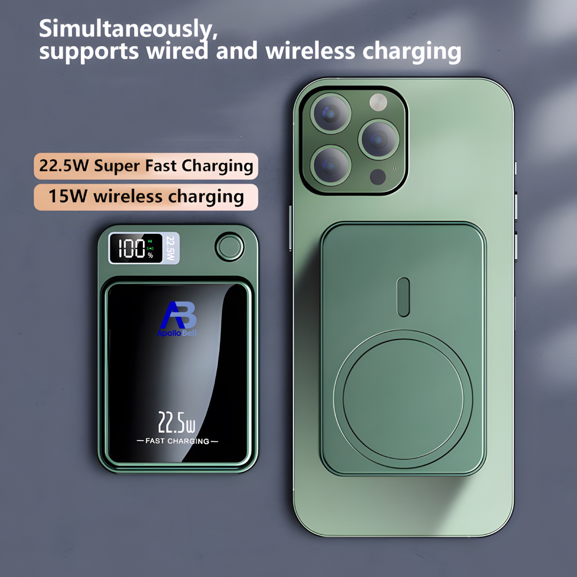 5.000mAh Manyetik Kablosuz Powerbank 22,5W, Dijital Göstergeli, Yeşil - 2