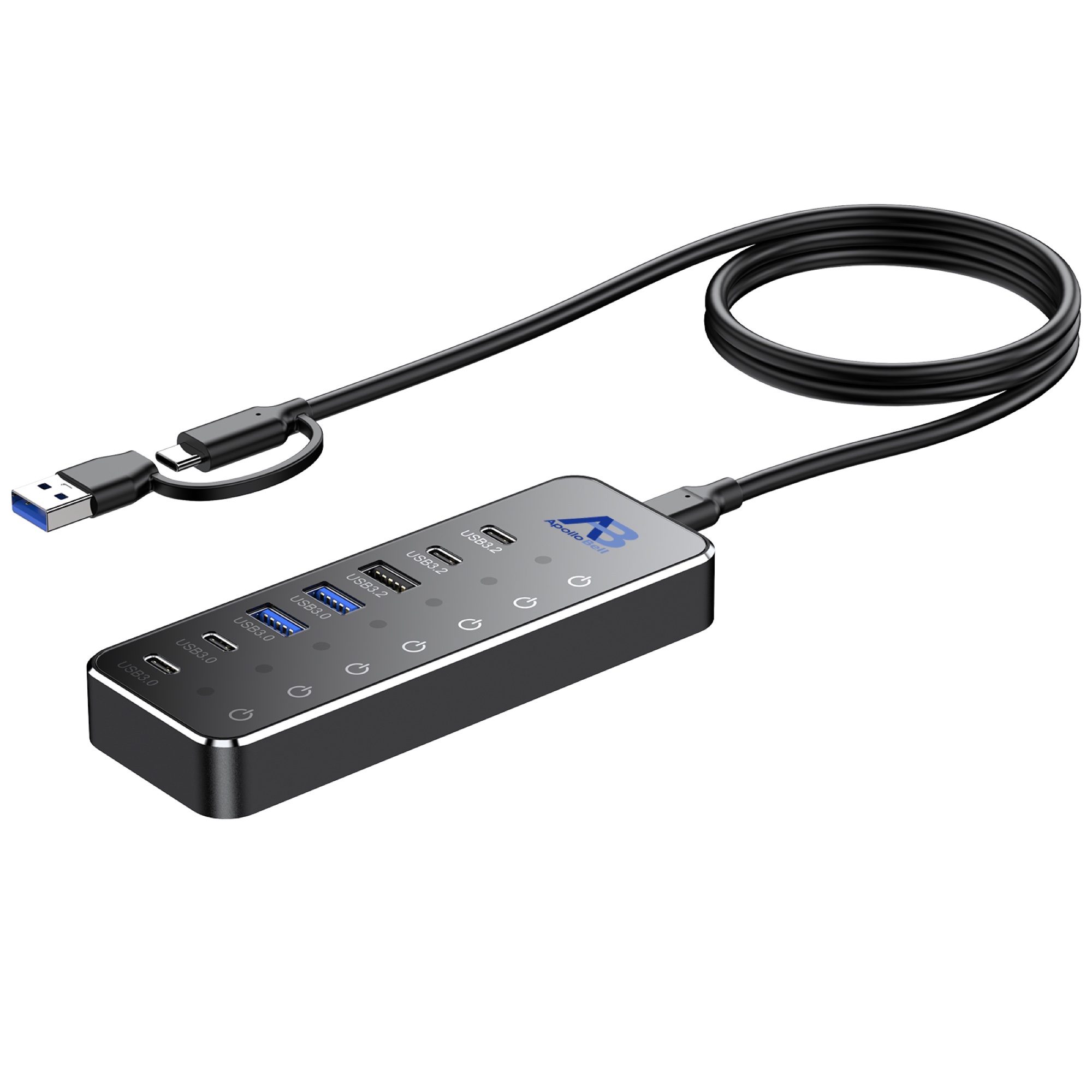 7 Portlu USB-C 3.2 Gen 2 Hub 10Gbps, Dokunmatik Bireysel Anahtarlı, Siyah