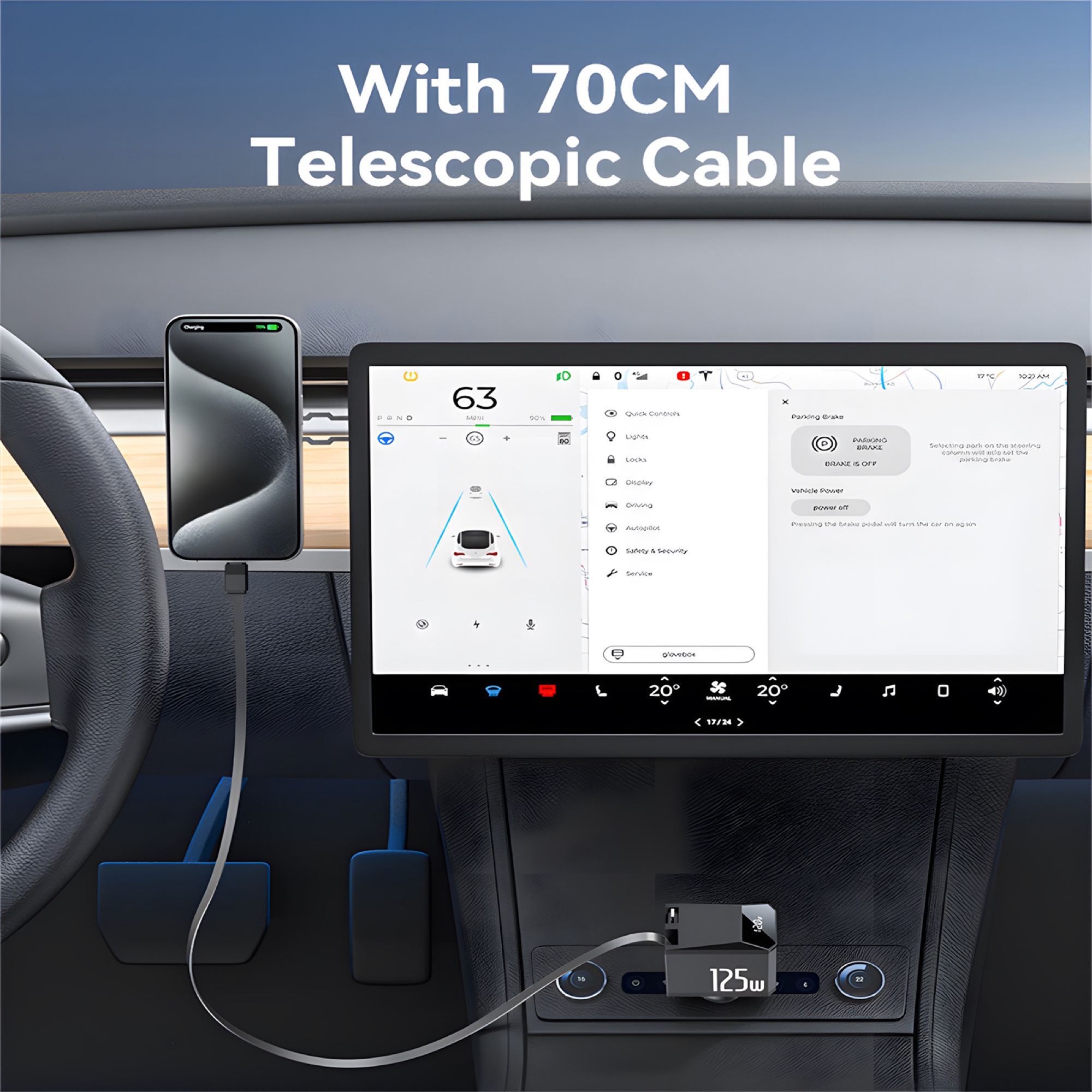 125W Araç Şarj Cihazı USB-A + USB-C, 65W Makaralı Type-C Kablo ve iP Adaptörlü, Siyah - 6