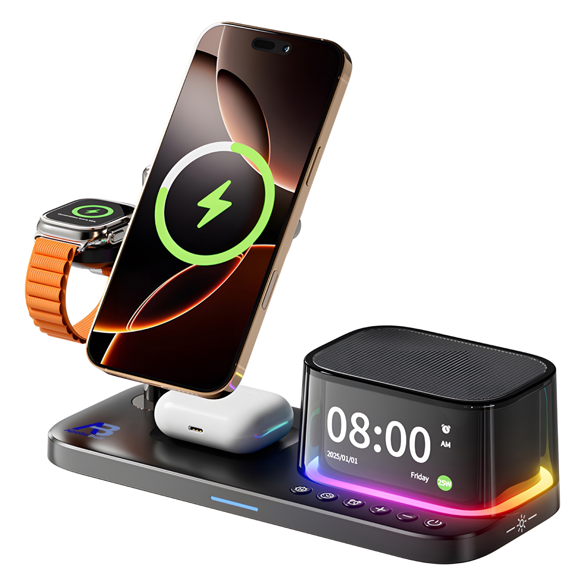 5'i 1 Arada Qi2.2 Manyetik Kablosuz Şarj Cihazı 25W, Bluetooth Hoparlör + Alarm Saati + Gece Lambası, Siyah - 2