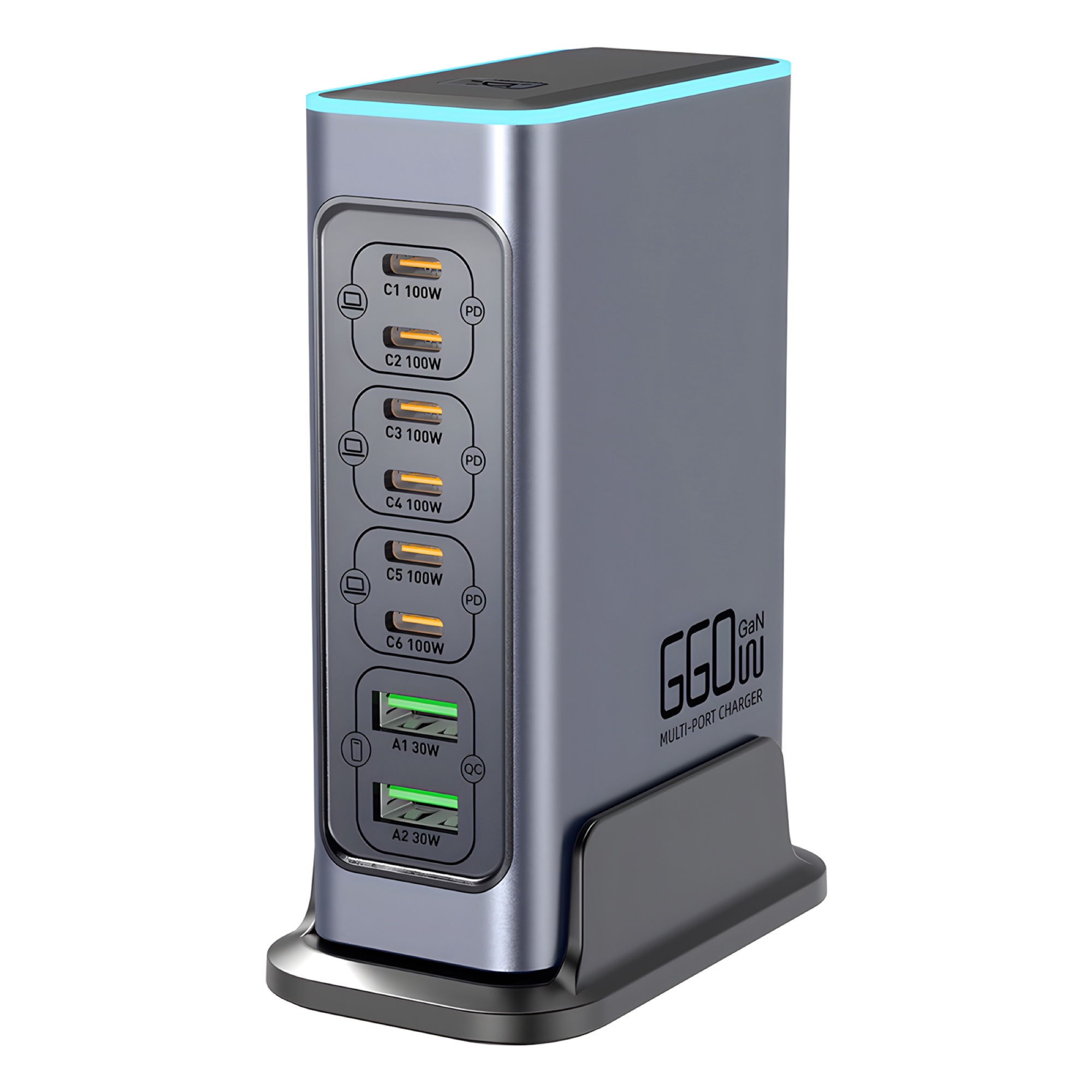 660W GaN Pro USB-C 8 Portlu Masaüstü Hızlı Şarj İstasyonu, Gri - 3