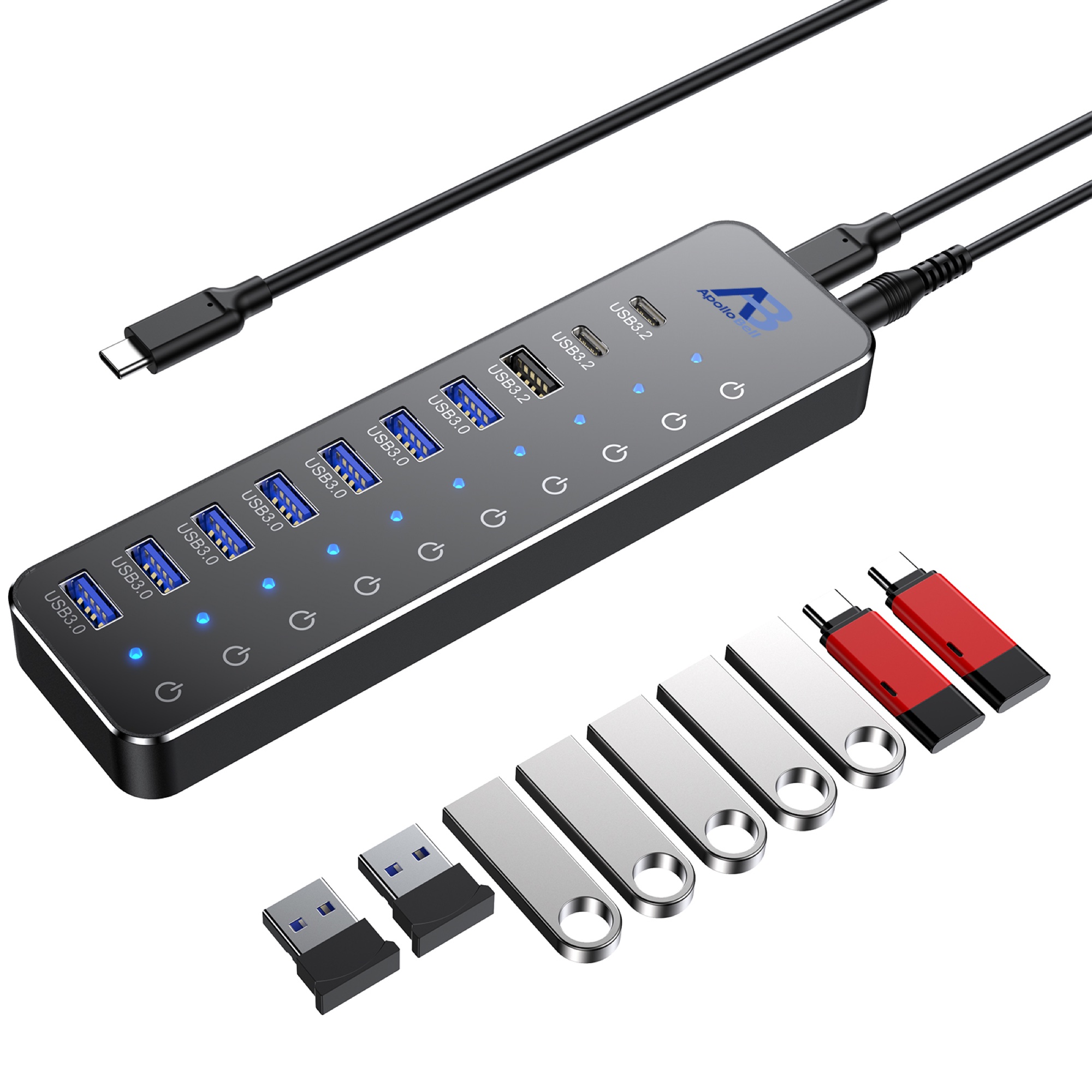 10 Portlu USB-C 3.2 Gen 2 Hub 10Gbps, Dokunmatik Anahtarlı, 60W Güç Adaptörlü, Siyah - 3