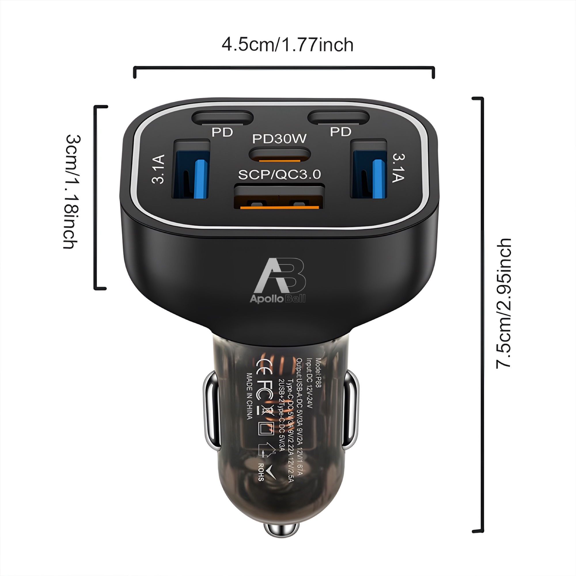 63W 6 Portlu Araç Şarj Cihazı 3x USB-A + 3x Type-C, Renkli LED Işıklı, Siyah - 8