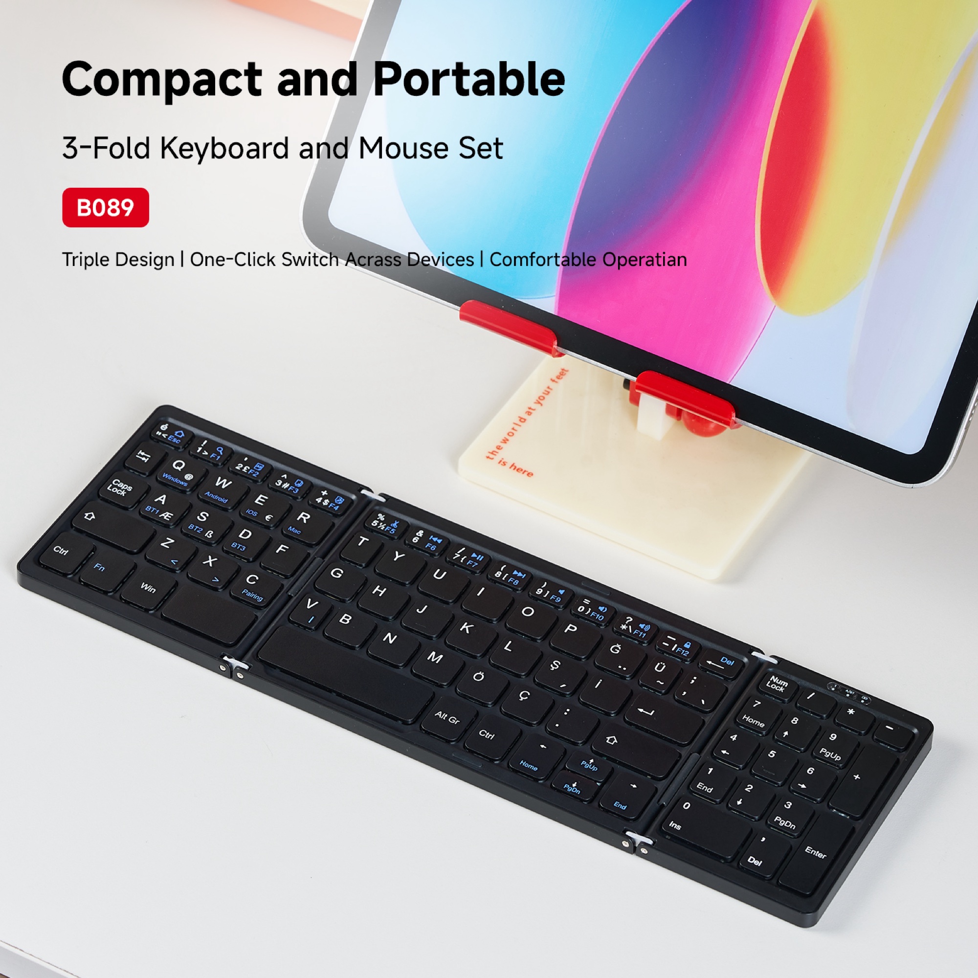 Katlanabilir Bluetooth 5.1 Klavye ve Fare Seti, Sayısal Tuş Takımlı, Siyah - 7