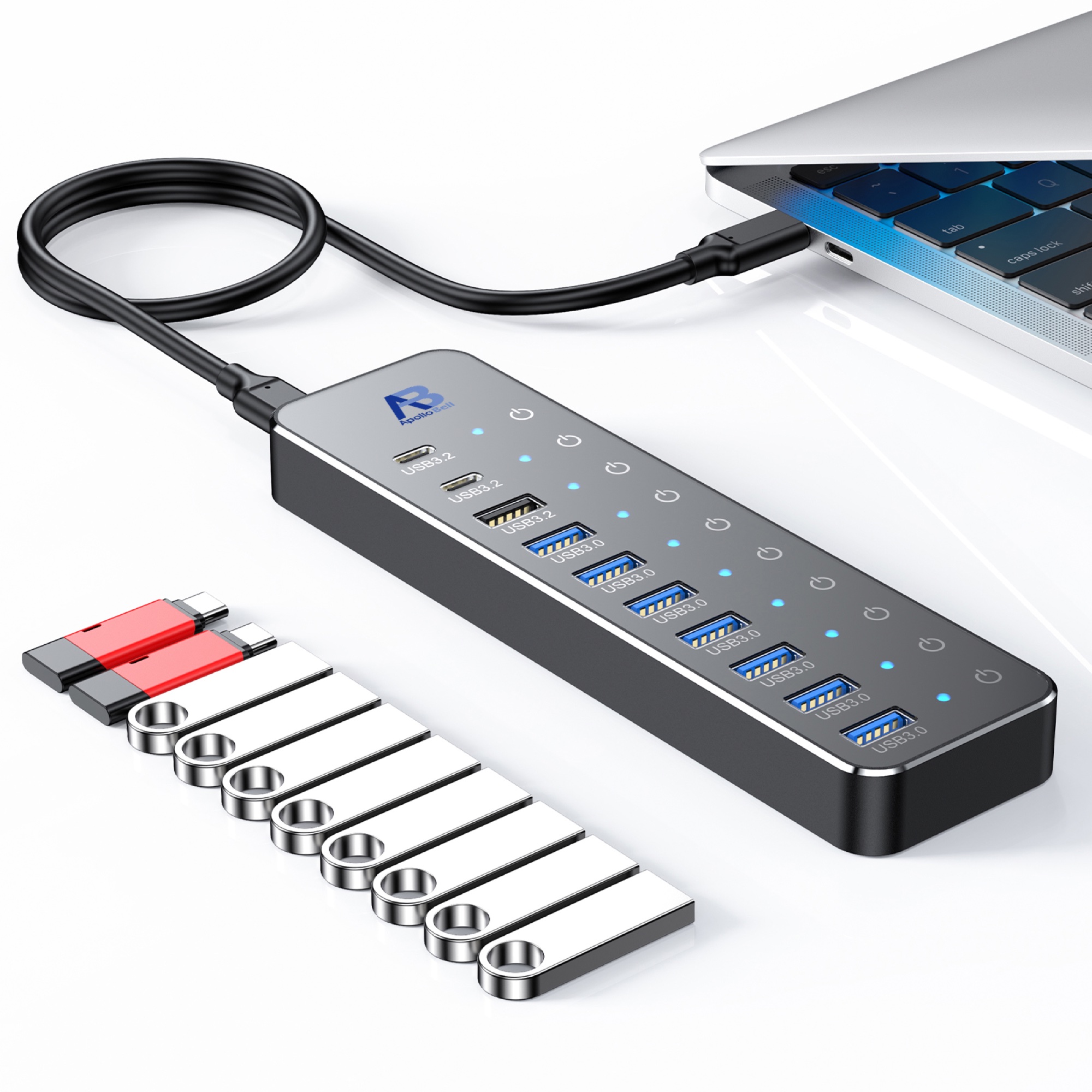 10 Portlu USB-C 3.2 Gen 2 Hub 10Gbps, Dokunmatik Anahtarlı, 60W Güç Adaptörlü, Siyah - 4