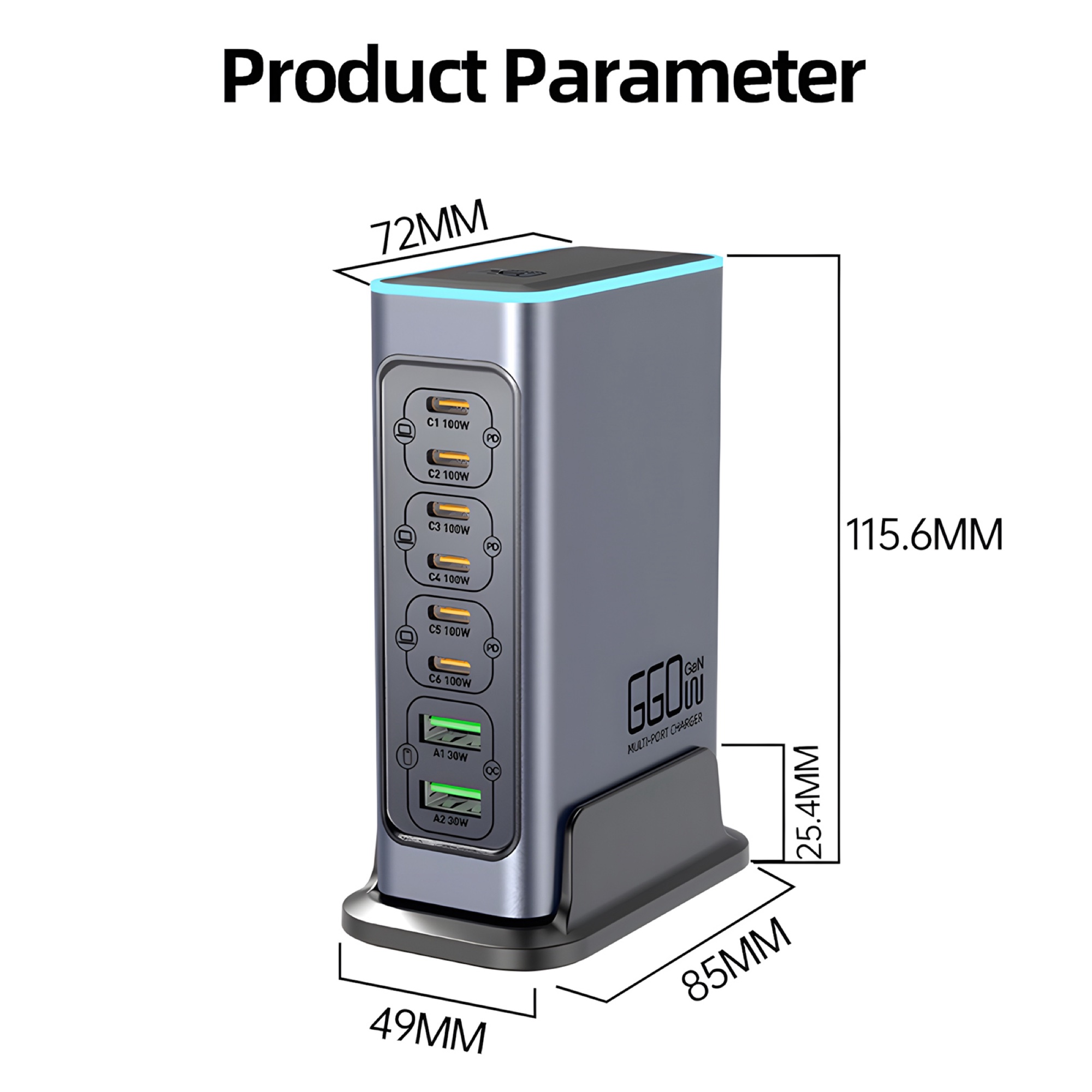 660W GaN Pro USB-C 8 Portlu Masaüstü Hızlı Şarj İstasyonu, Gri - 11