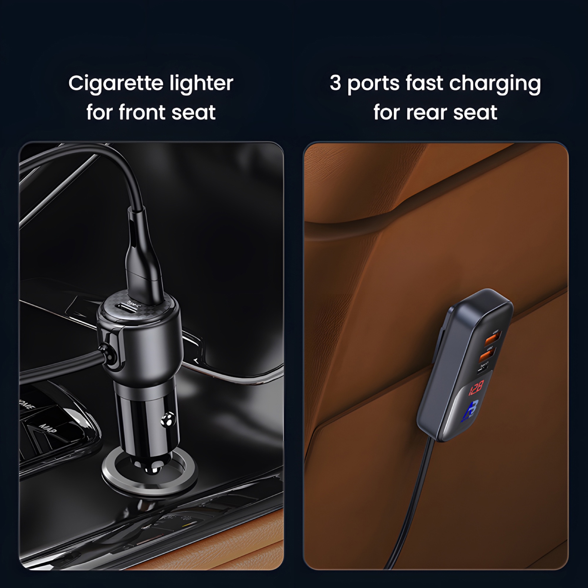 165W Dijital Ekranlı Araç Şarj Cihazı, 2 Type-C + 3 USB, 1,5m Uzatma Kablolu, Siyah - 10