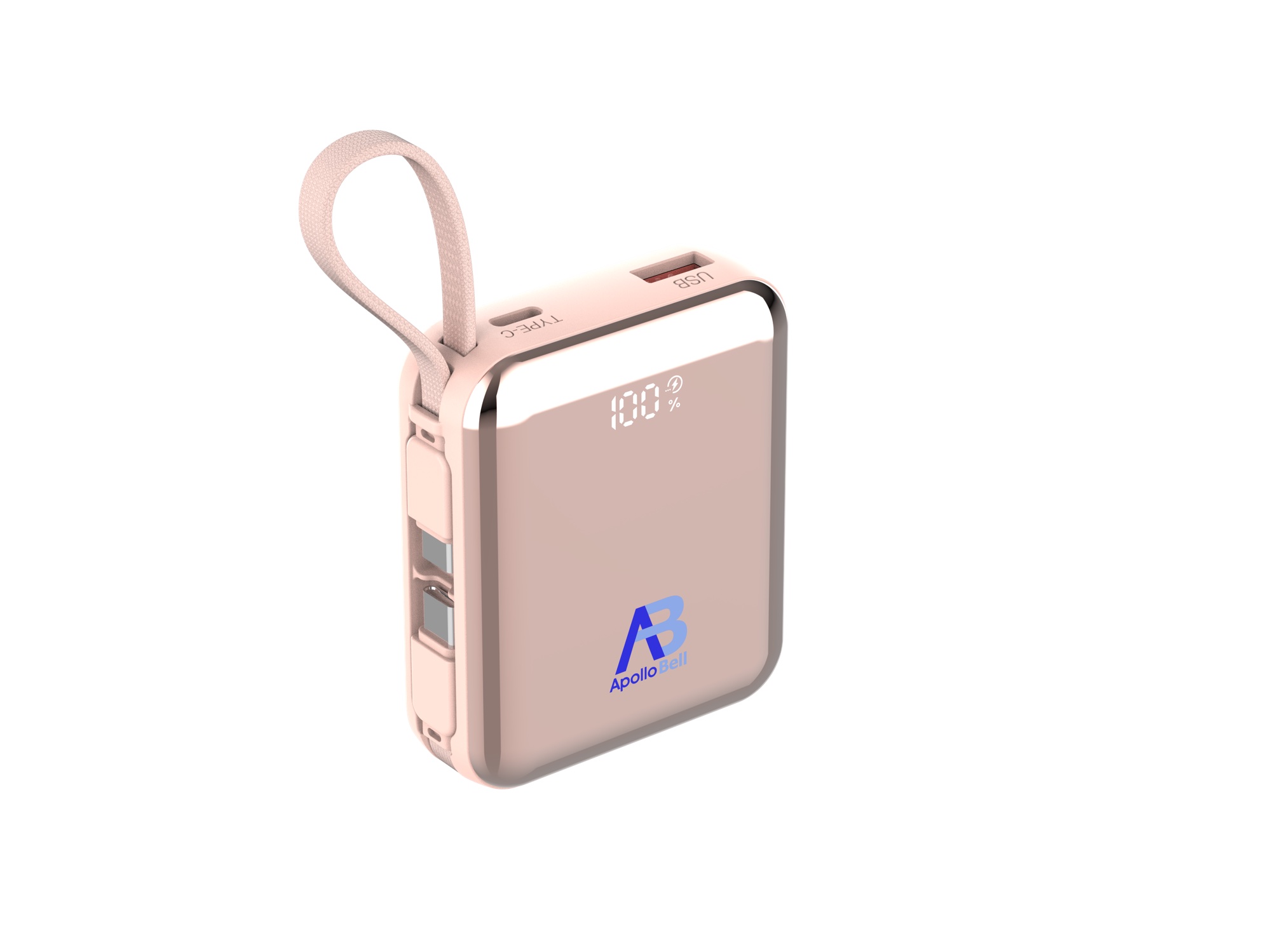 10.000mAh 35W Mini Powerbank, Dahili USB-C Kablolu, Pembe