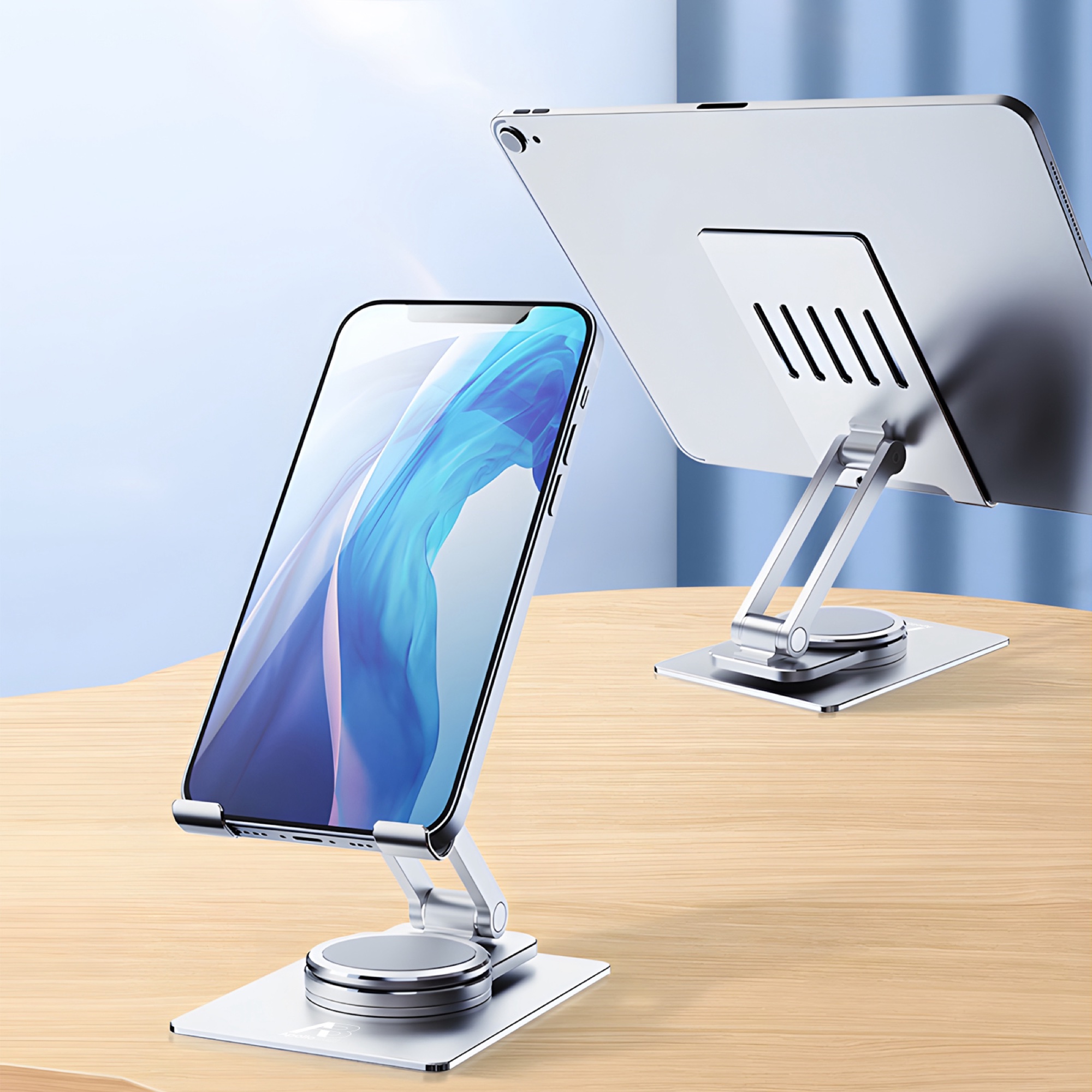 Katlanabilir Masaüstü Telefon ve Tablet Tutucu, 360° Dönebilir Alüminyum, Gümüş - 2